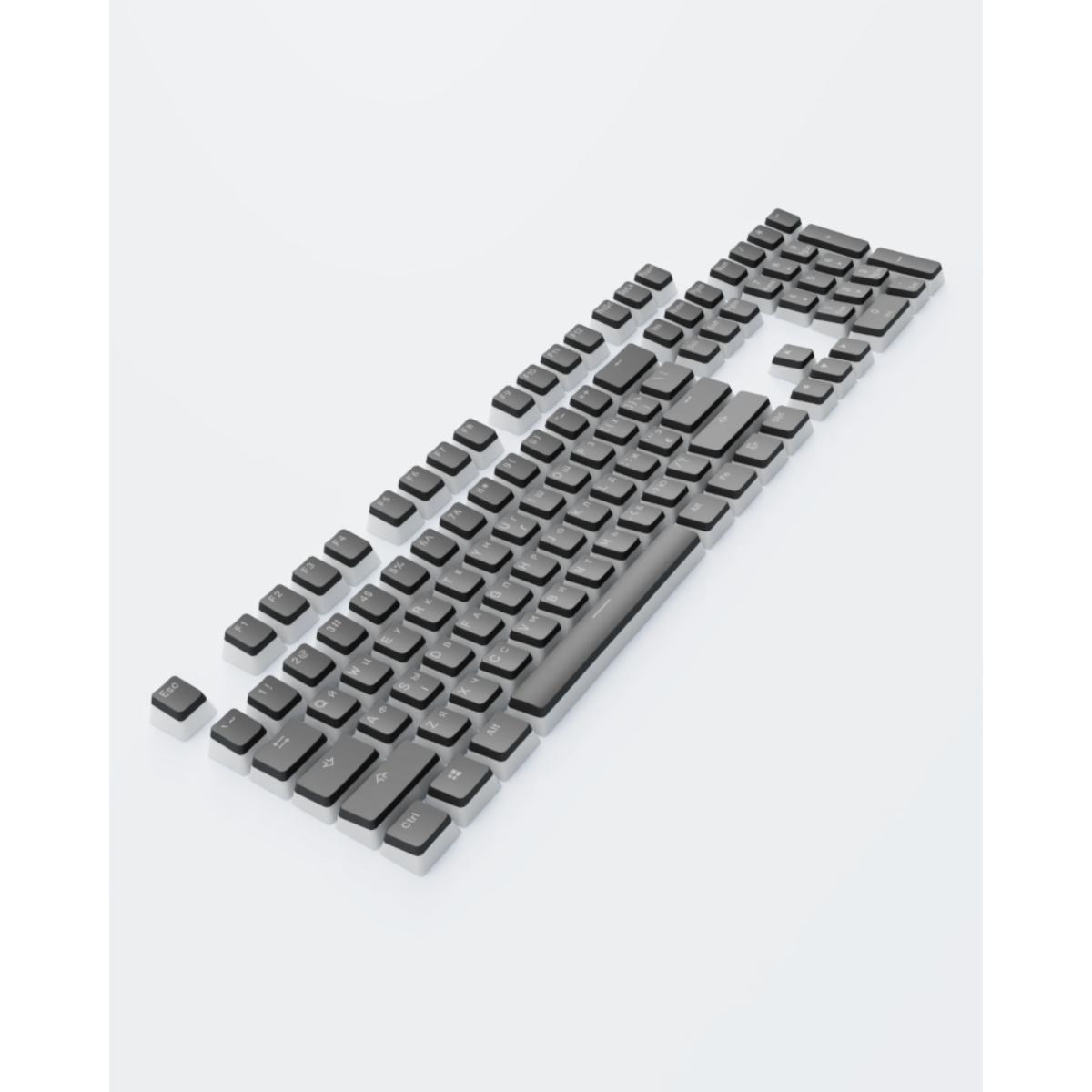Eine Tastatur mit grauen Tasten auf weißem Hintergrund, Tasten sind unsortiert.