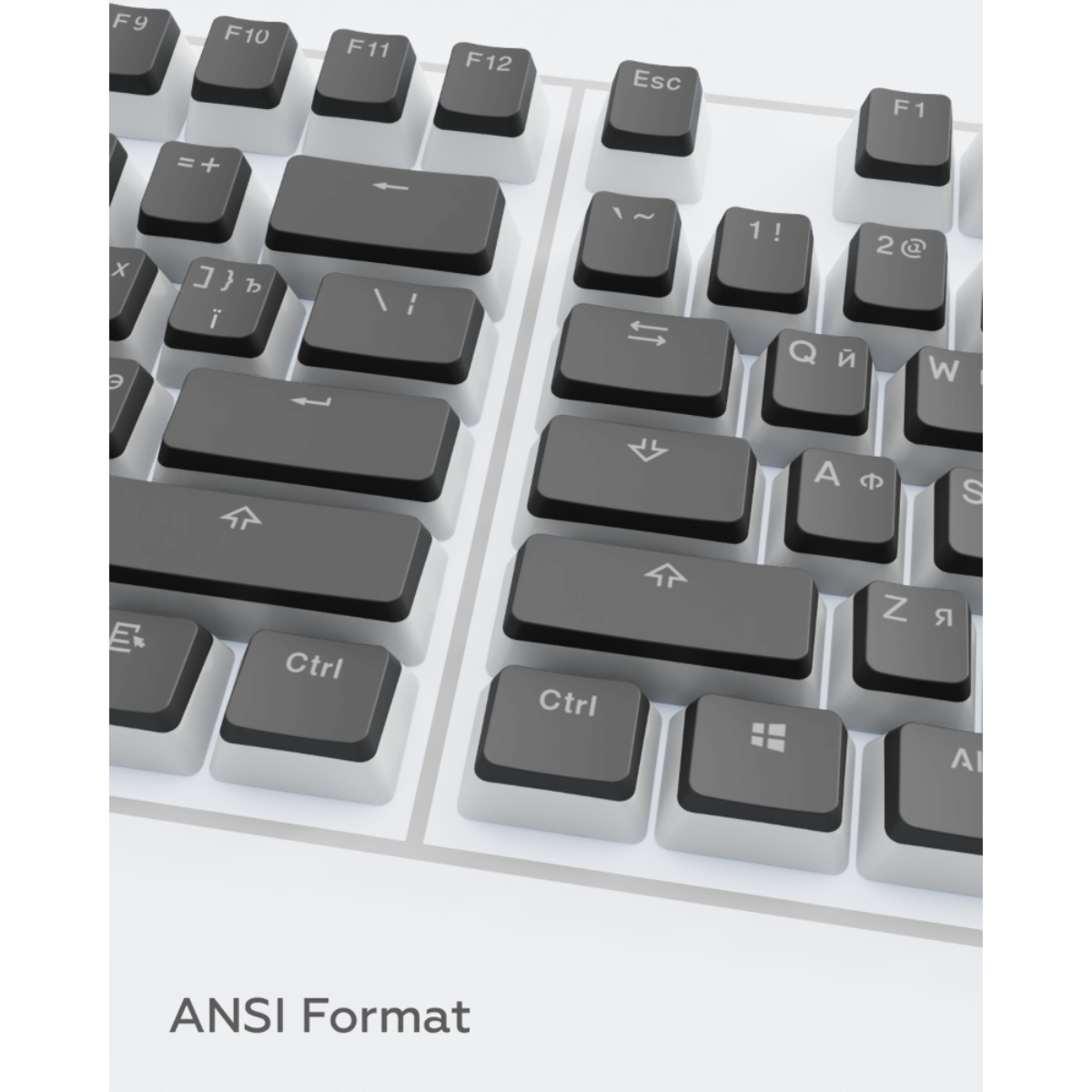 Nahaufnahme einer Tastatur mit schwarzen und grauen Tasten. Das Tastaturlayout ist im ANSI-Format.