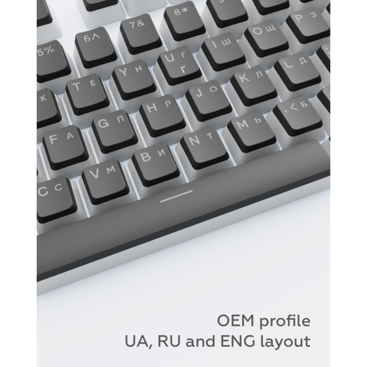 Weiße Tastatur mit schwarzen Tasten. Buchstaben, Zahlen und Symbole sind sichtbar. Text: OEM-Profil, UA, RU und ENG-Layout.