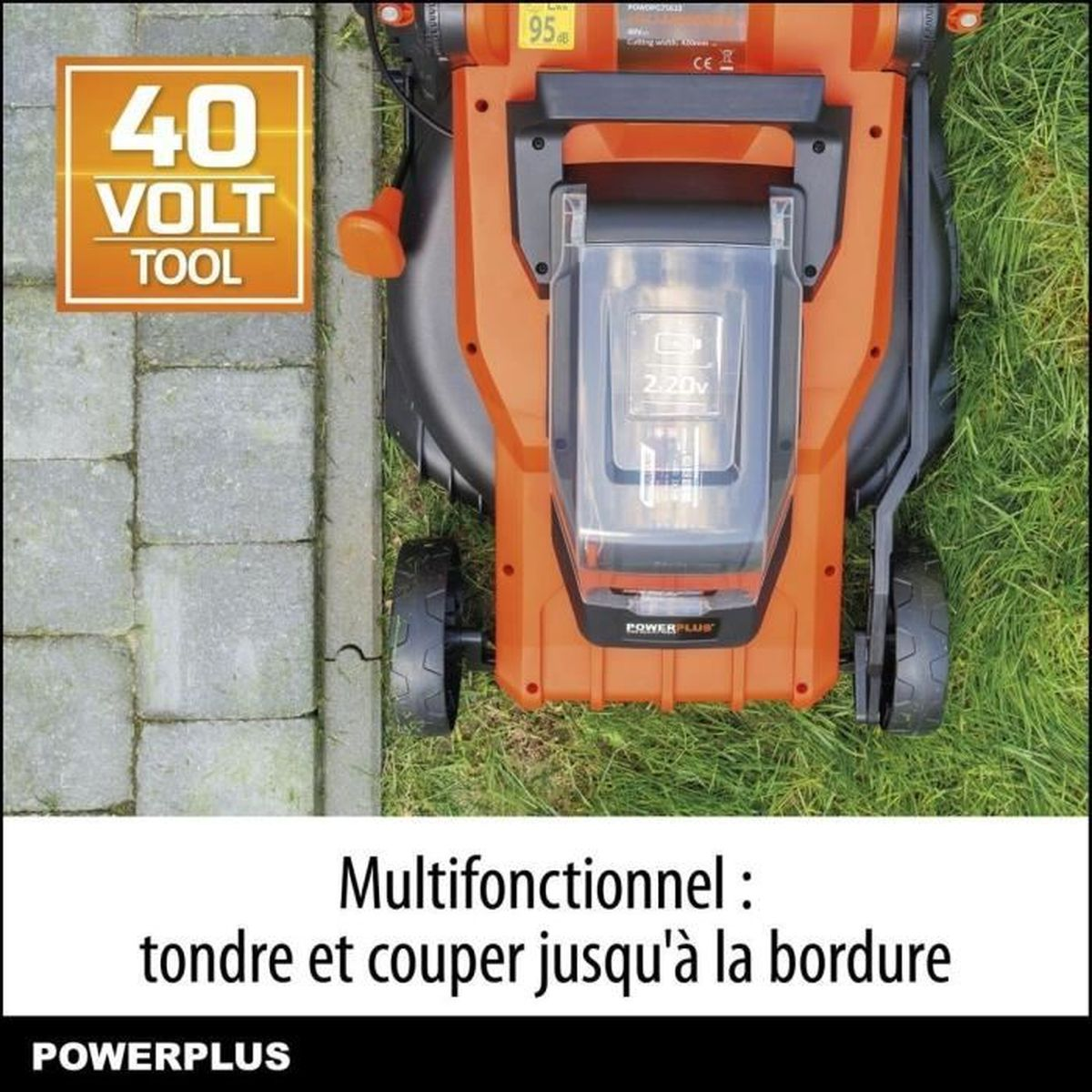 Ein orangefarbener und schwarzer Rasenmäher mit Text über ein 40V-Werkzeug.