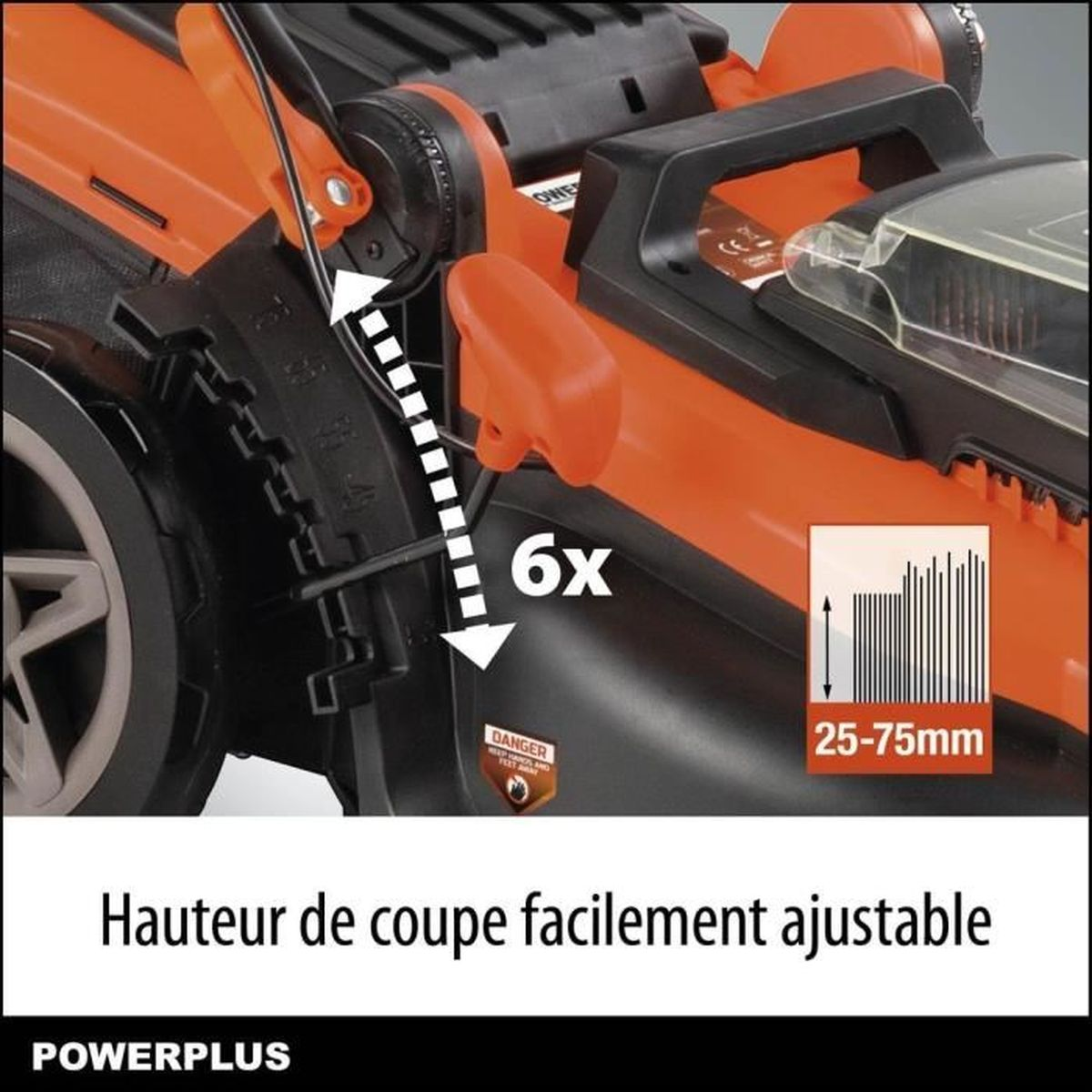 Detailansicht eines orangenen Rasenmähers mit Höhenverstellung. Text zeigt 6 Einstellungen von 25-75mm.