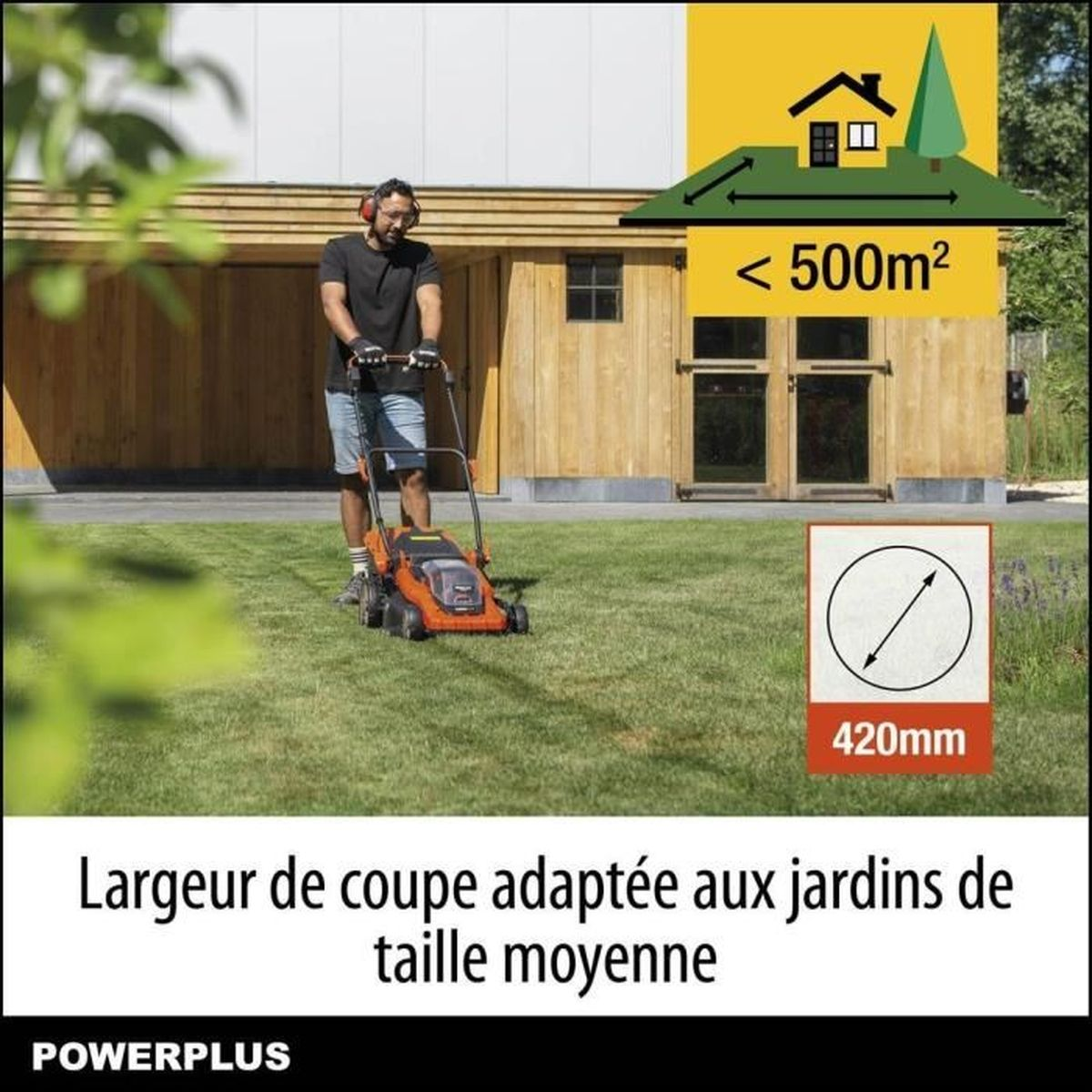 Ein Mann mäht Rasen mit einem orangenen Rasenmäher, mit Hausgrafik.