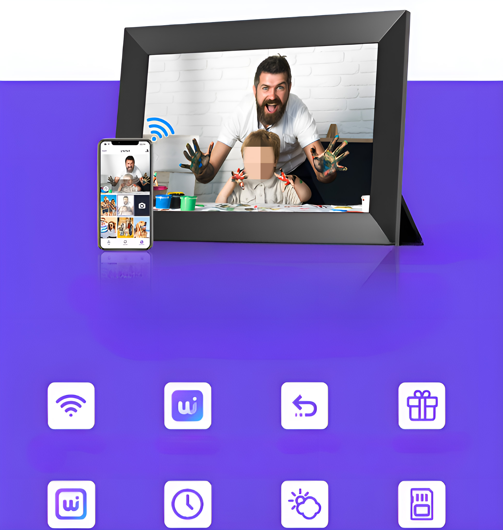 Digitaler Fotorahmen mit Bild von Mann und Kind, App und Icons.