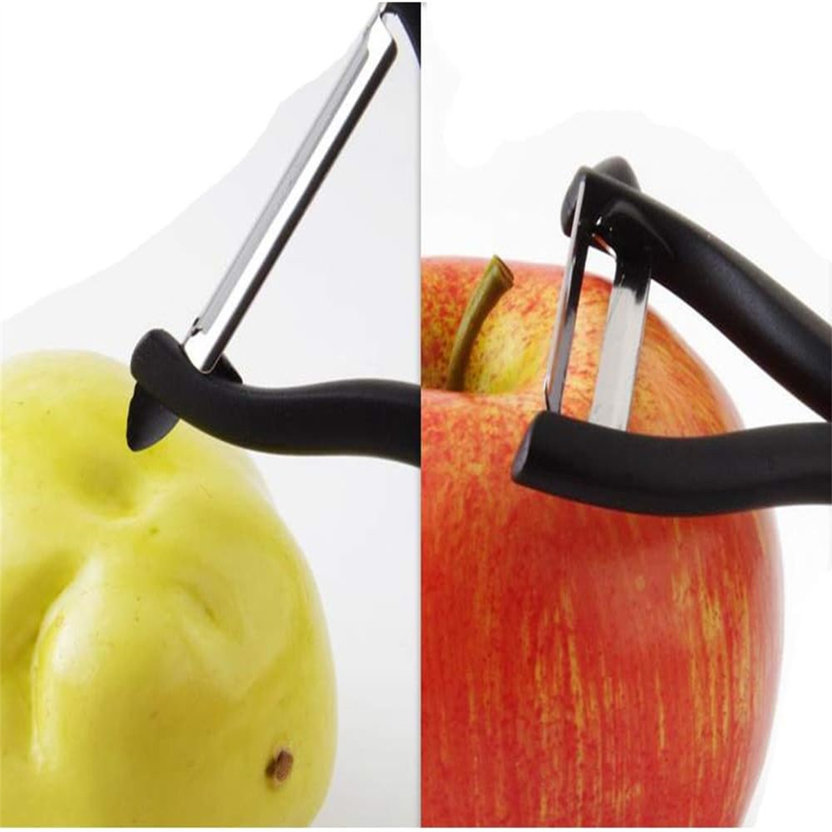Zwei Bilder zeigen einen Schäler, der die Schale von einem grünen und einem roten Apfel entfernt.
