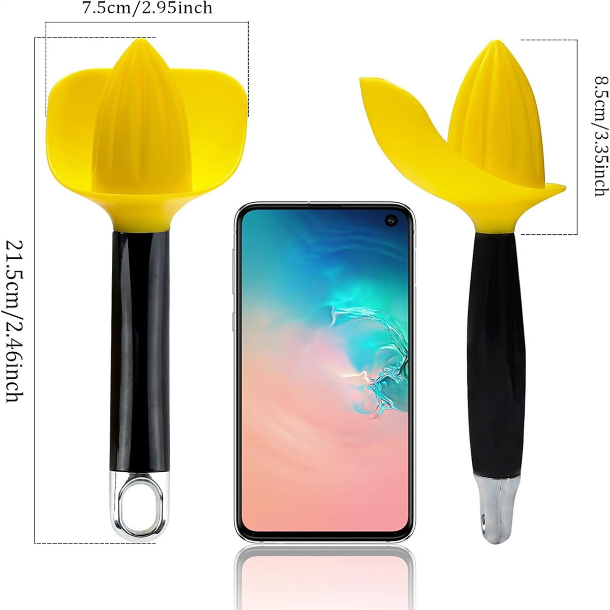 Gelbe Zitronenpresse mit schwarzem Griff, neben einem Telefon.