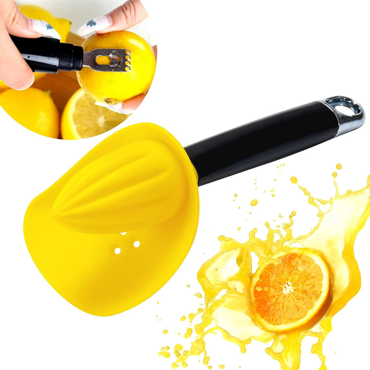 Ein gelber Zitronenentsafter mit Zitrone und Saftspritzer wird gezeigt.