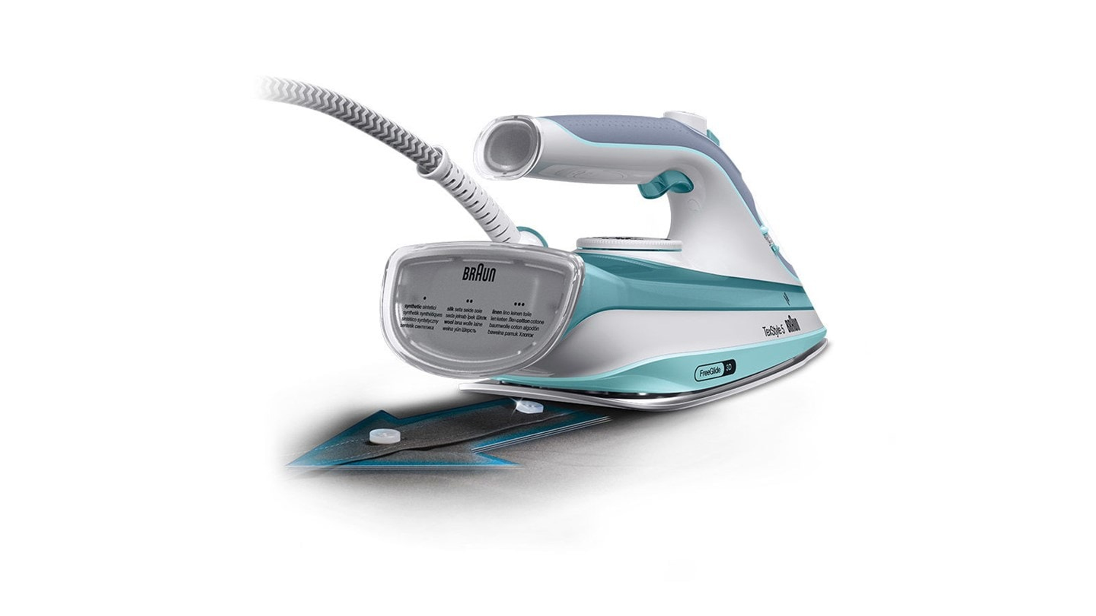 Białe i turkusowe żelazko. Szary przewód odchodzi od niego. Czarna podkładka znajduje się pod spodem.