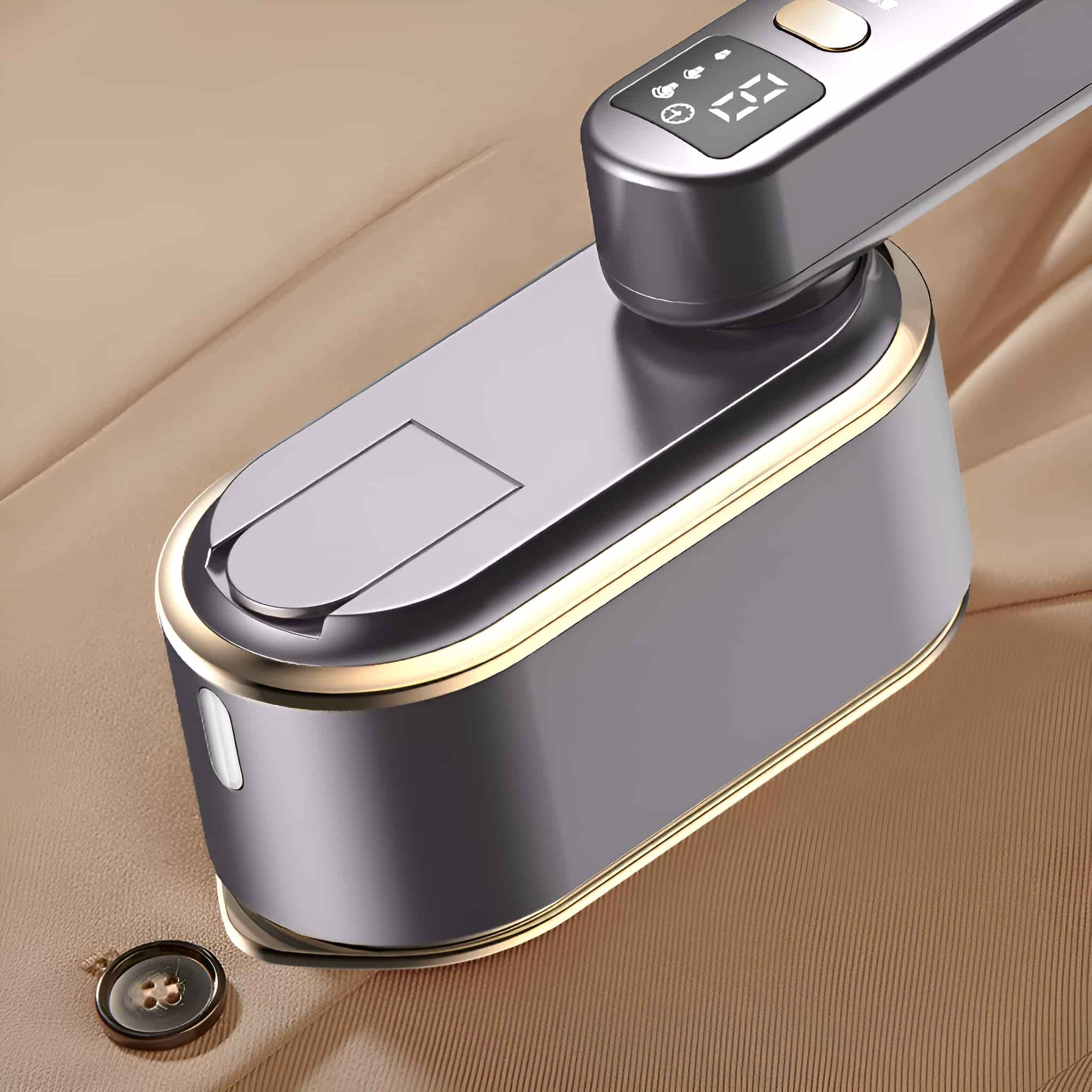 Nahaufnahme eines grau-goldenen Handdampfglätters auf einem beigen Stoff.