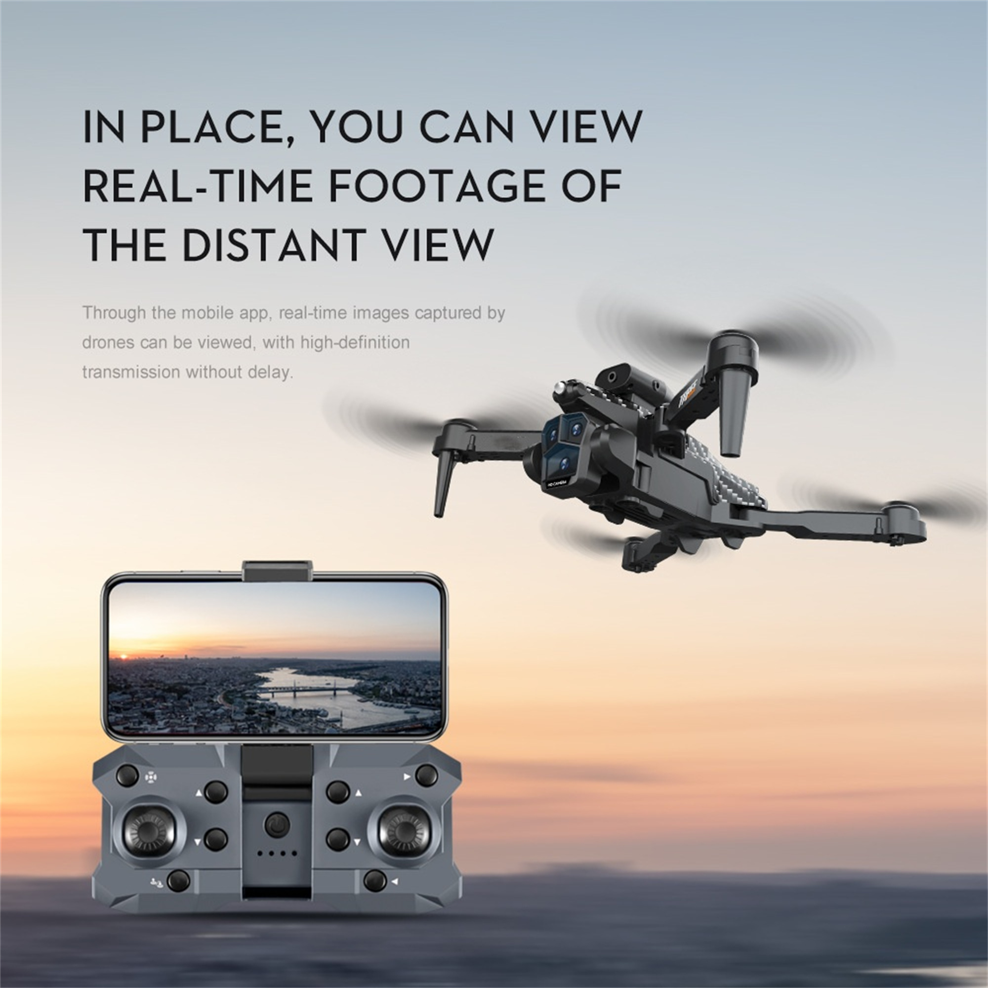 Drohne im Flug, Controller und Telefon mit Landschaftsansicht.