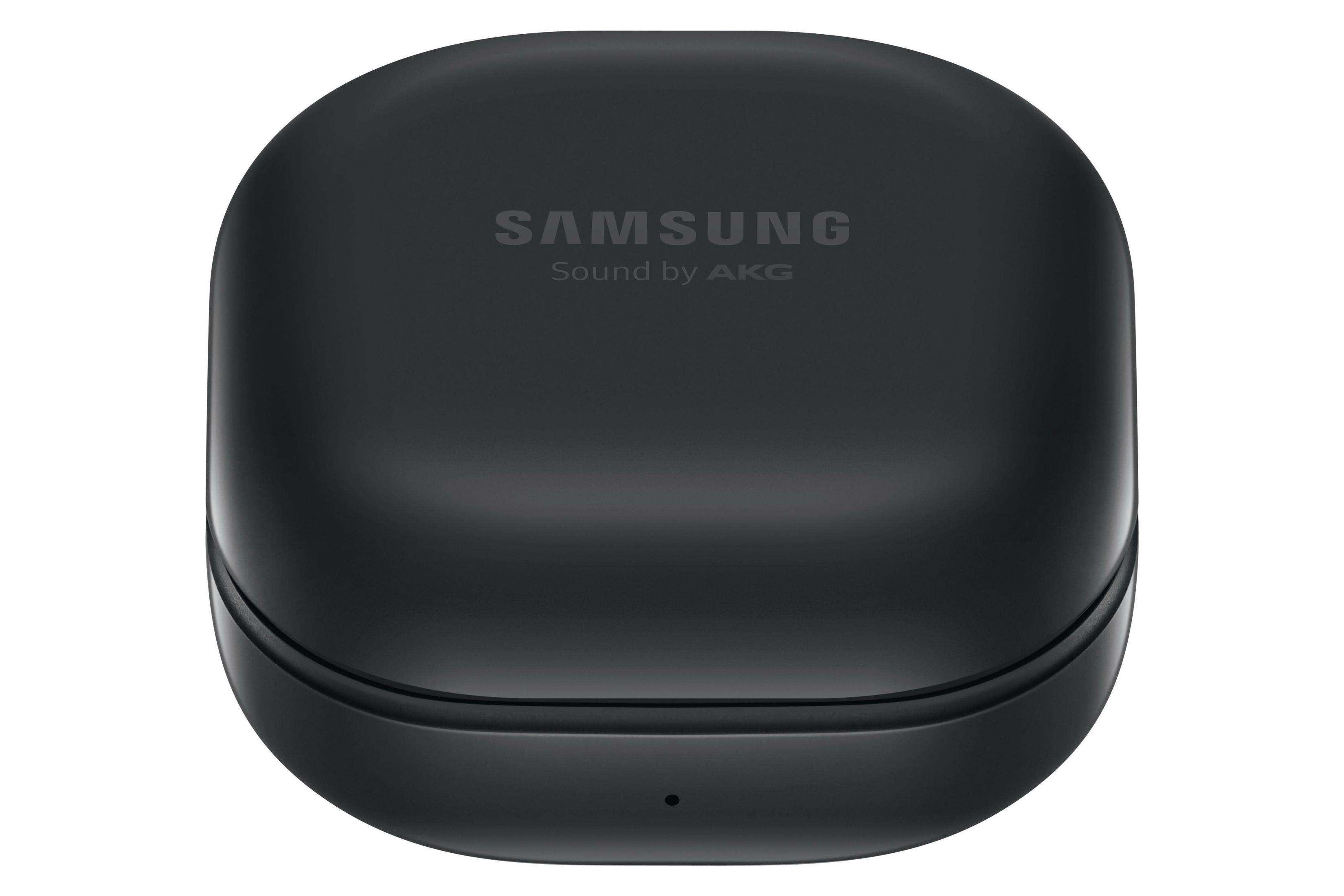 Schwarzes Samsung Galaxy Buds-Etui. Das Etui ist geschlossen und hat das Samsung- und AKG-Logo.
