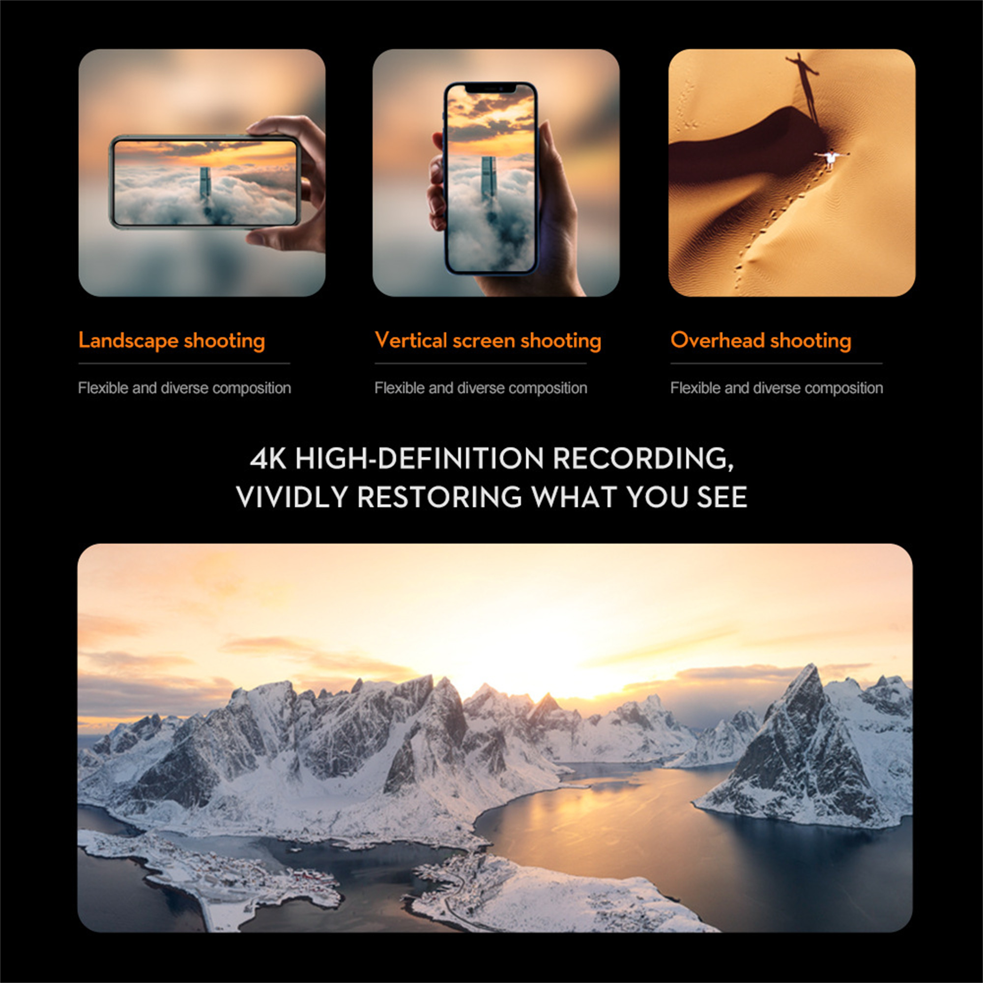 Bilder, die Landschafts-, Vertikal- und Overhead-Aufnahmen eines schneebedeckten Berges und Sonnenuntergangs zeigen.