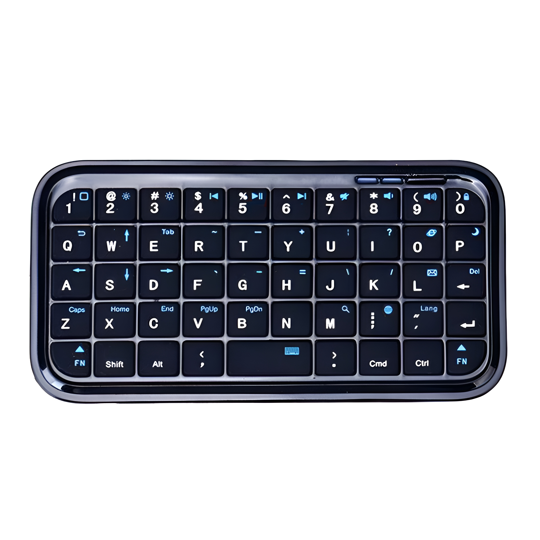Eine kleine, schwarze, rechteckige Tastatur. Sie hat zahlreiche weiße und blaue Tasten mit Symbolen und Buchstaben.