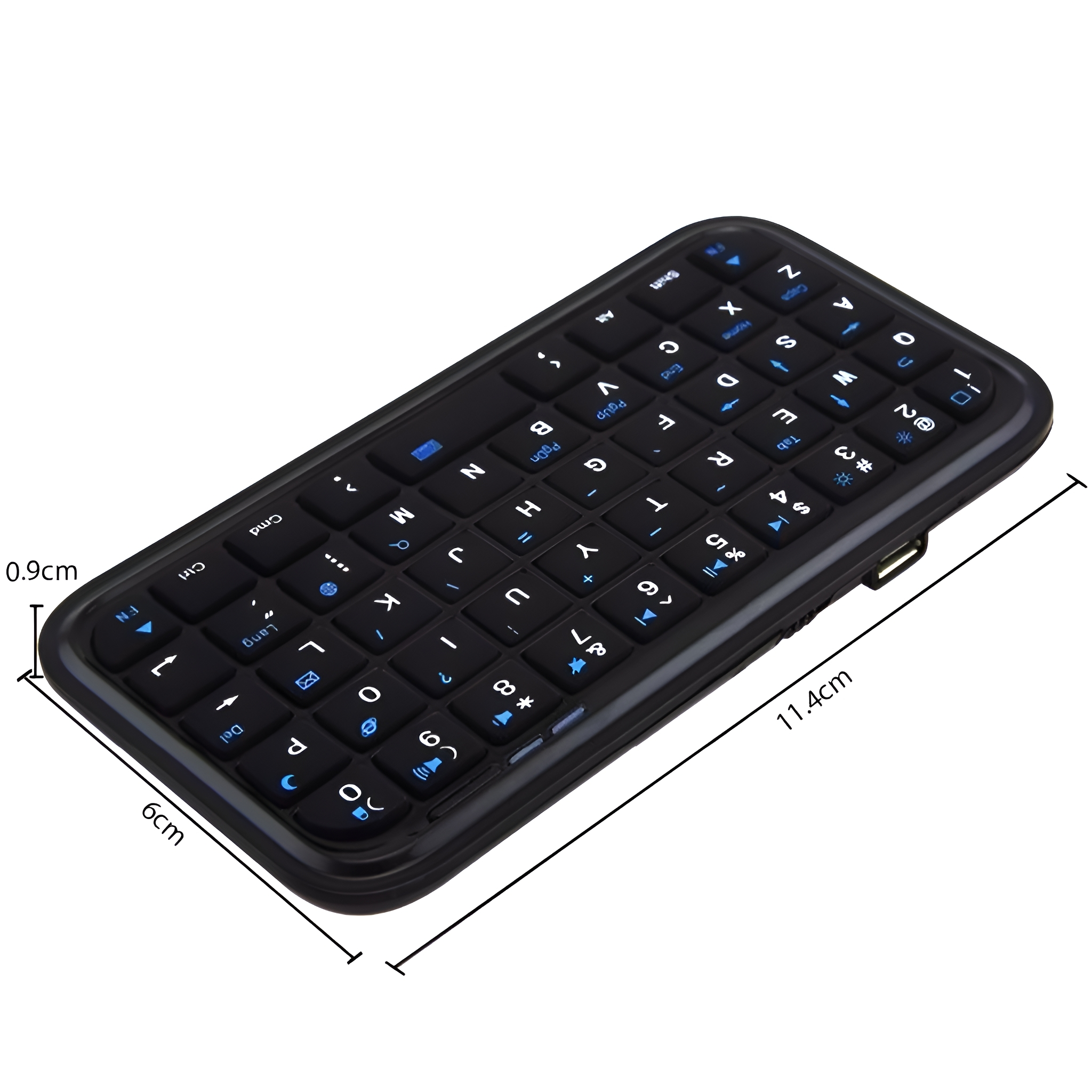 Eine kleine, schwarze, rechteckige Tastatur mit blauen Tasten. Sie hat Buchstaben, Zahlen und Symbole.