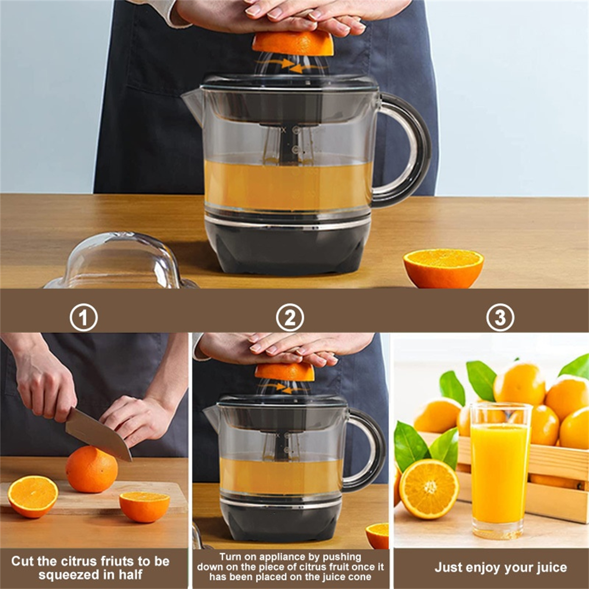 Eine Orangensaftpresse mit Orange. Es ist bereit, die Orange auszupressen. Der Saft wird sich im Krug befinden.