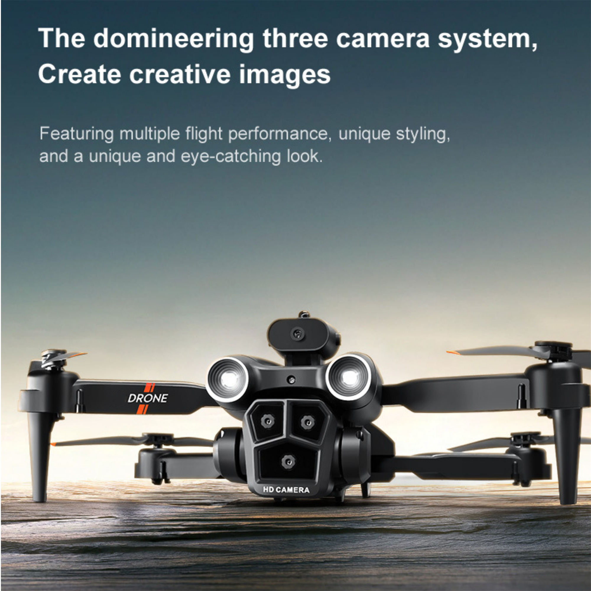 Schwarze Drohne mit drei Kameras, Propellern und einzigartigem Design. Das Wort 'DRONE' ist auf dem Arm sichtbar.
