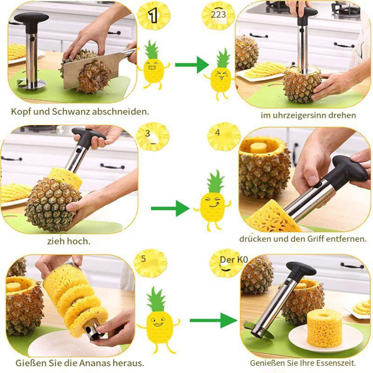 Ananas wird zubereitet. Schritte zeigen das Abschneiden von Spitze und Boden, dann das Entkernen.