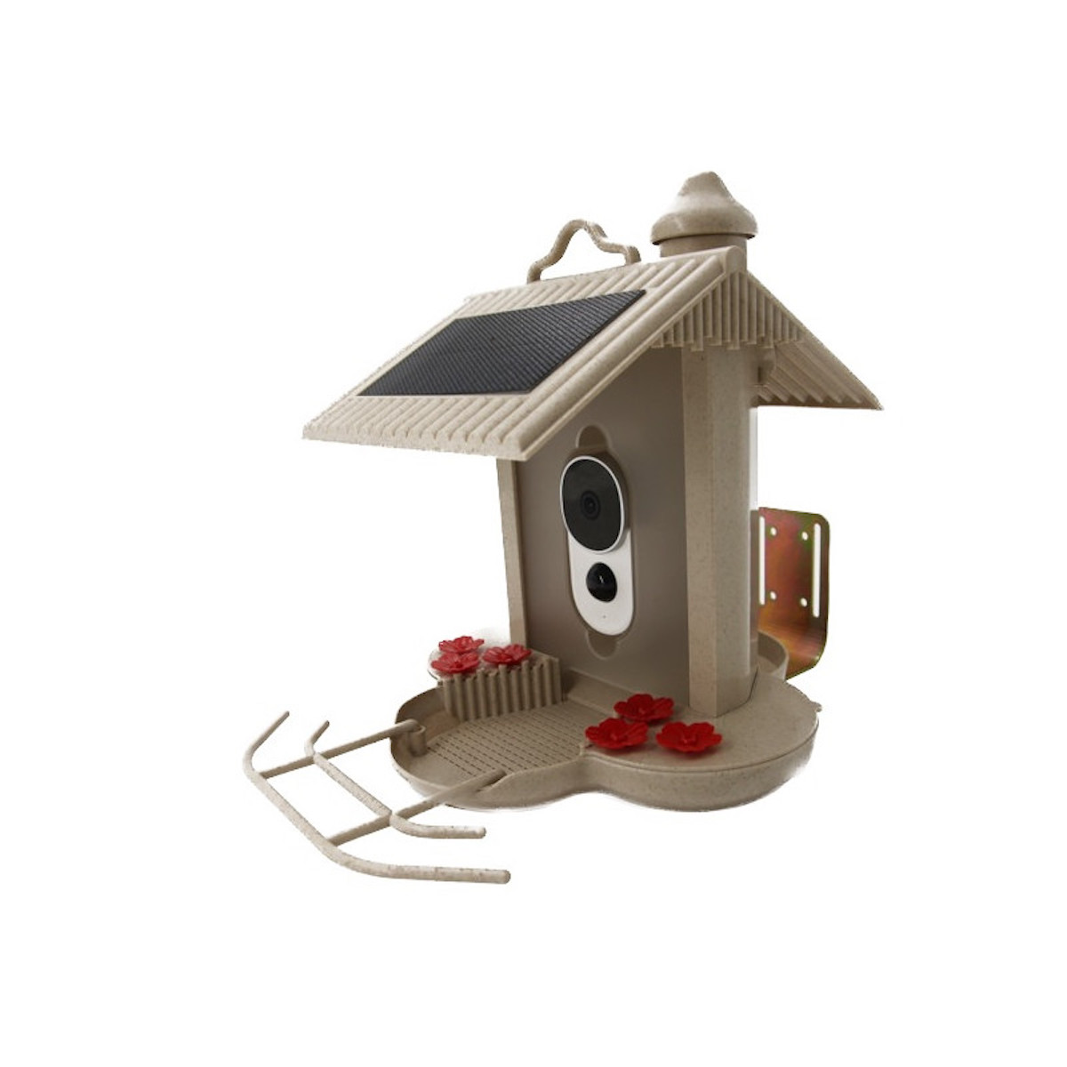 Vogelfutterhaus mit Kamera, Solarpanel und roten Blumendekorationen.