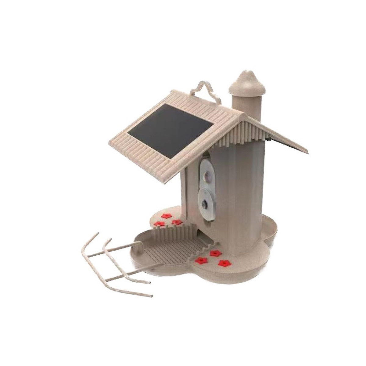 Vogelfutterhaus mit Solardach. Beige, rote Elemente, weißer Hintergrund.