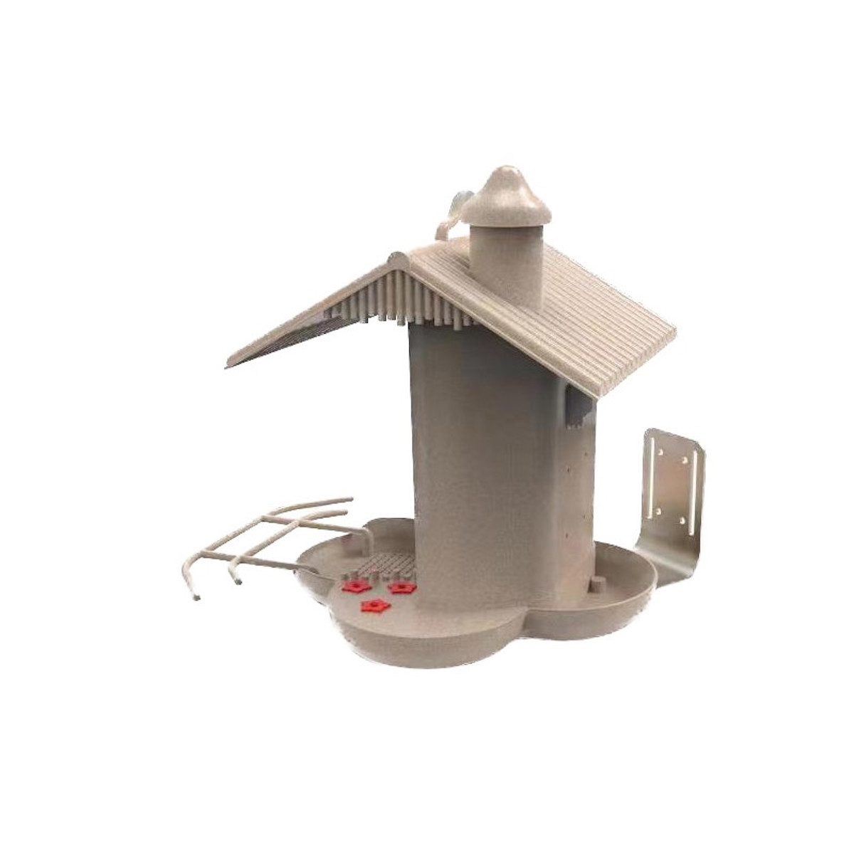 Beiger Vogelfutterautomat mit Dach und mehreren Futterstellen.