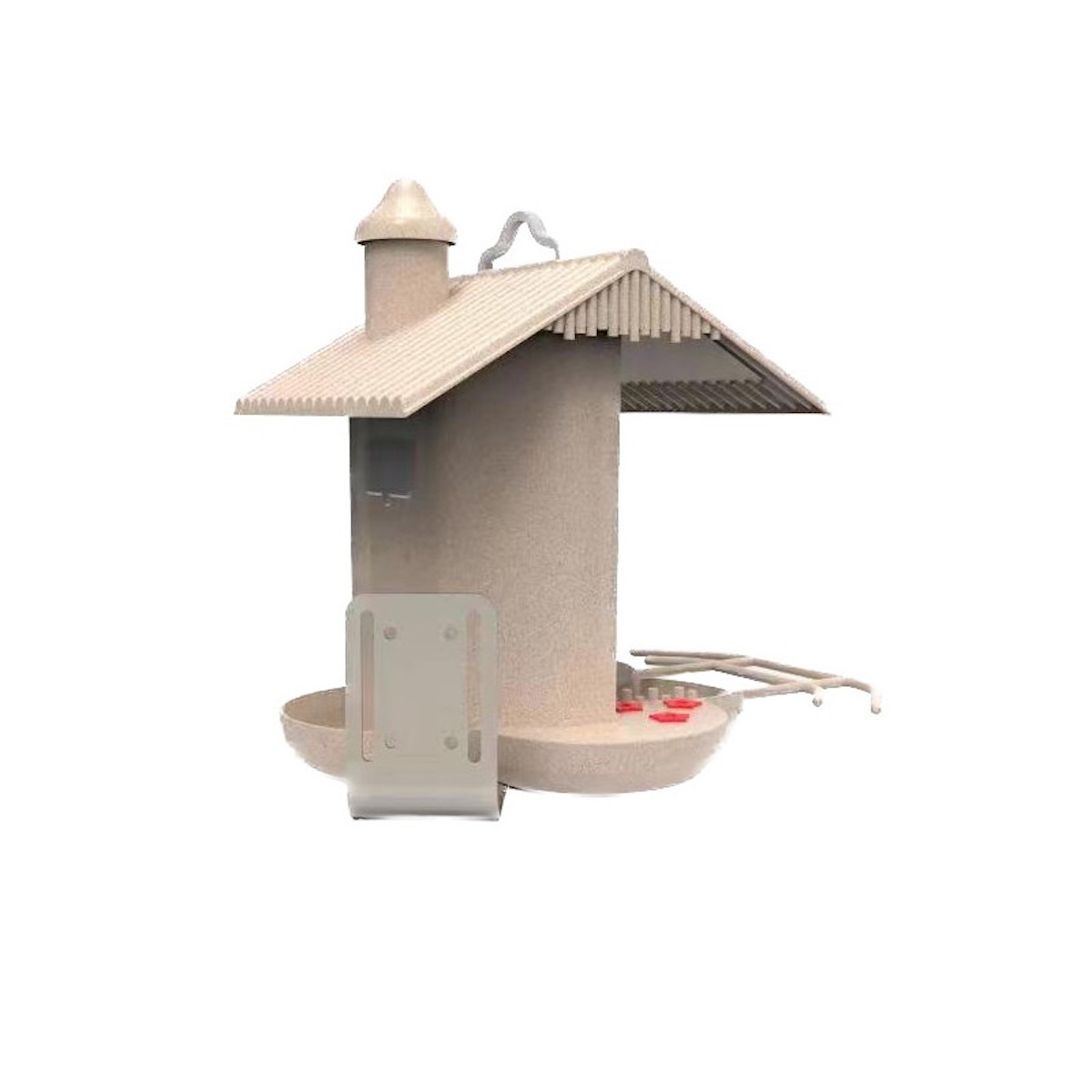 Beigefarbener Vogelfutterautomat mit Dach und Sitzstange, isoliert auf weißem Hintergrund.
