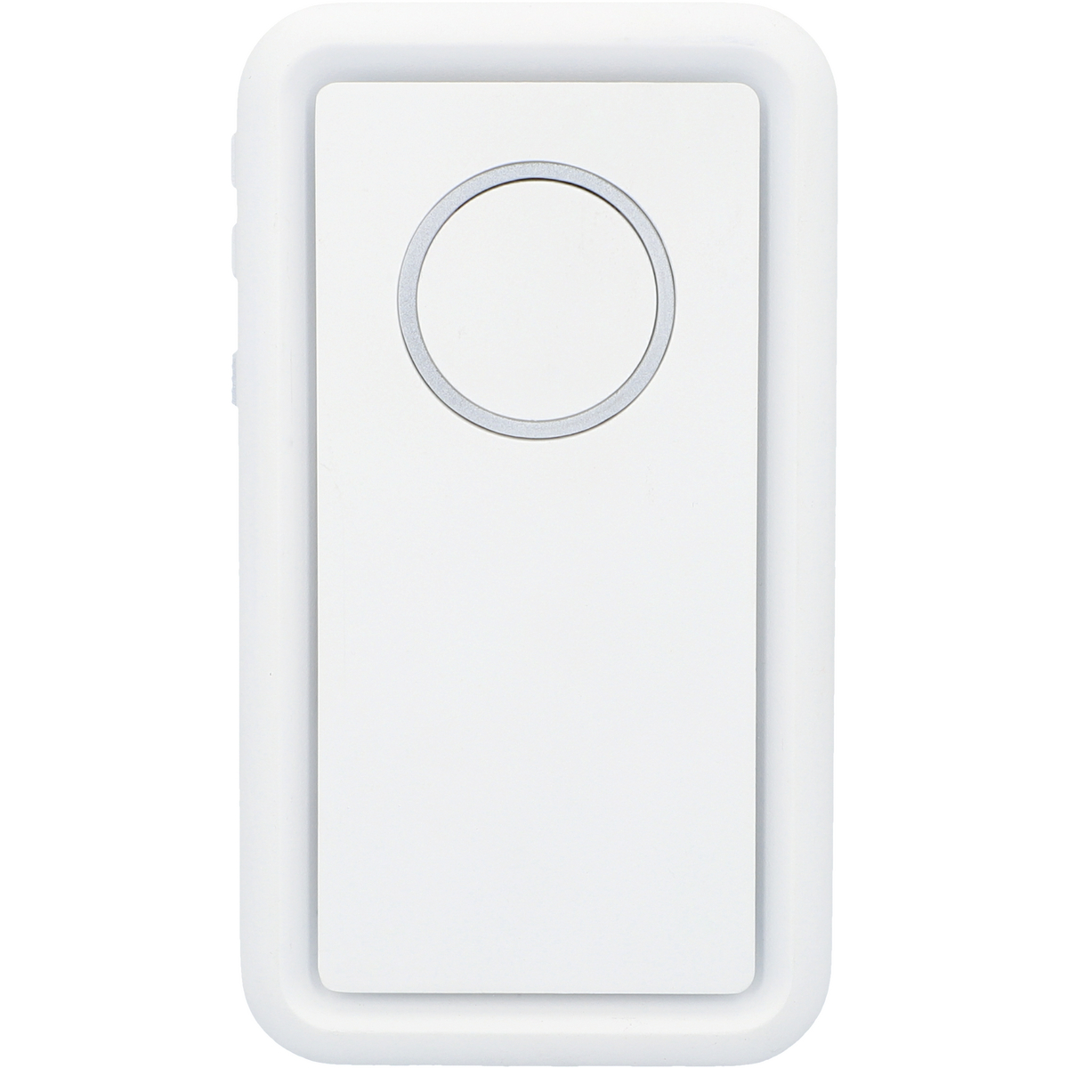 Weißes rechteckiges Smart-Home-Gerät mit kreisförmigem Design in der Mitte.