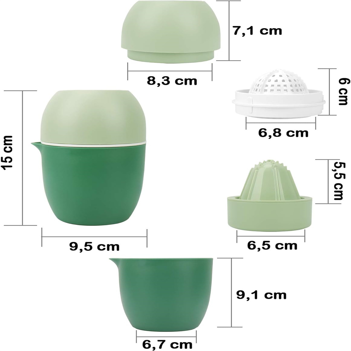 Ein zerlegter Zitruspresser mit grünen und weißen Teilen, mit Zentimeter-Messungen.
