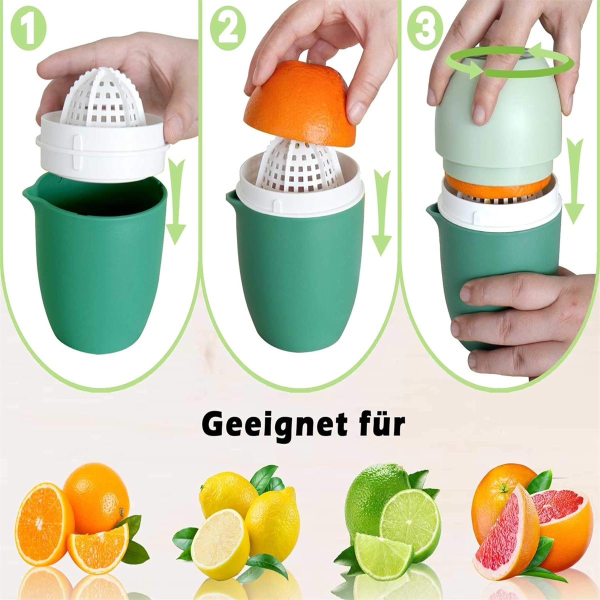 Anweisungen zur Verwendung eines grünen Entsafters: Obst hinzufügen, herunterdrücken und Saft tritt aus. Früchte sind unten.
