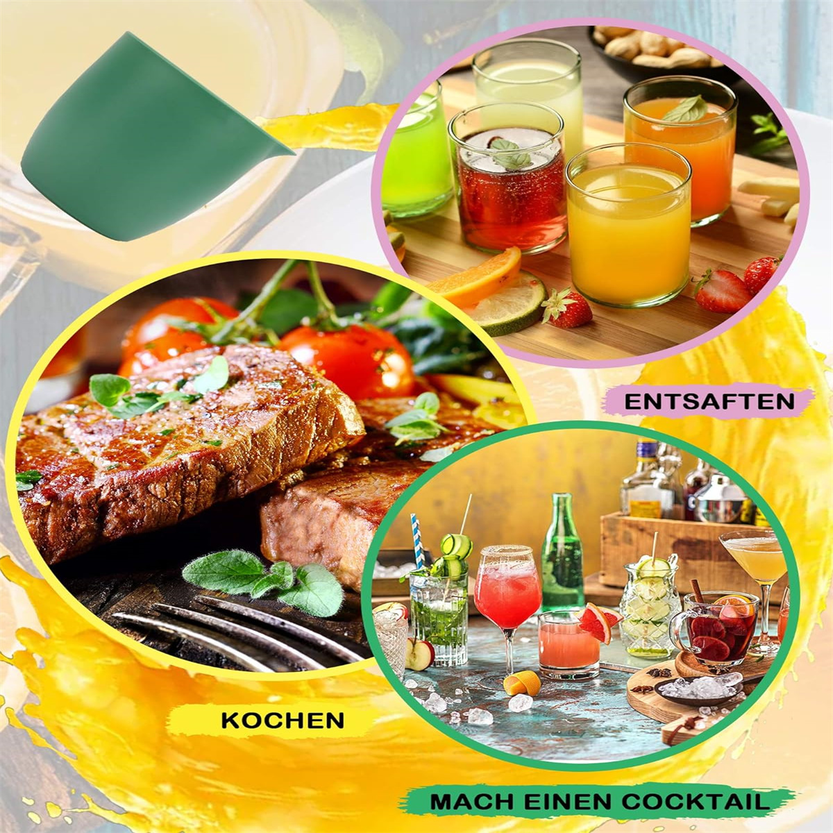Verschiedene Bilder zeigen die Zubereitung von Speisen, das Entsaften und die Cocktailzubereitung.