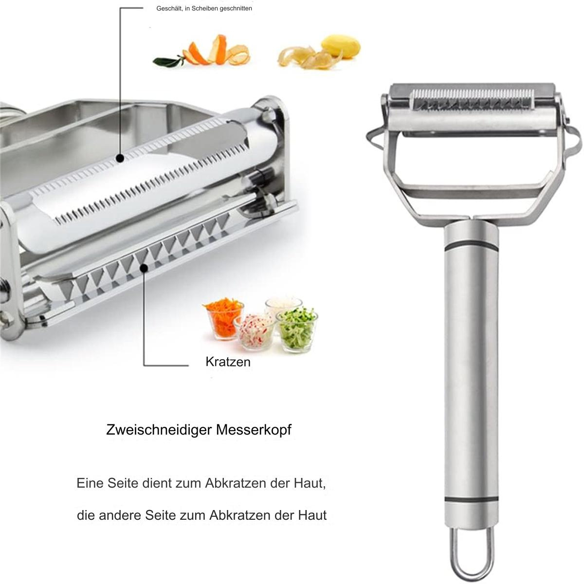 Zweiseitiger Schäler mit Etiketten und geschältem Gemüse.