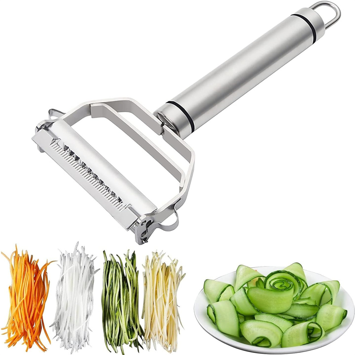 Silberner Gemüseschäler mit geschnittenem Gemüse. Karotte, weißer Rettich, Zucchini, Gurke.