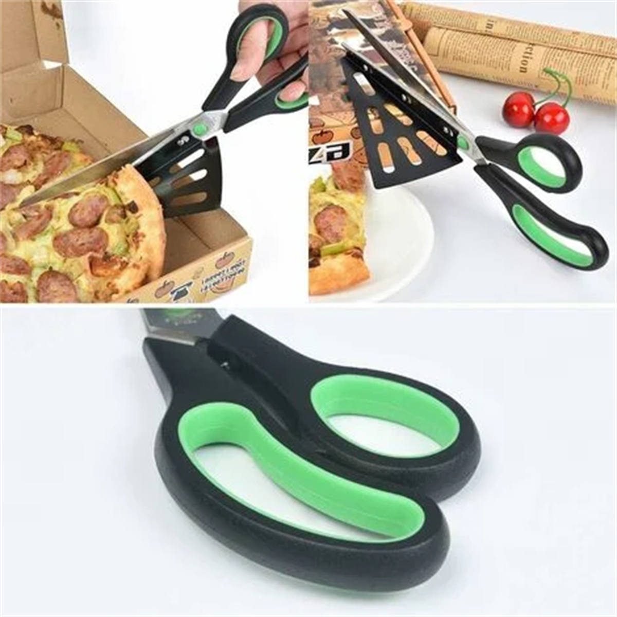 Schere mit grünen Griffen, die Pizza schneidet. Zusätzliches Bild der Schere. Weißer Hintergrund.