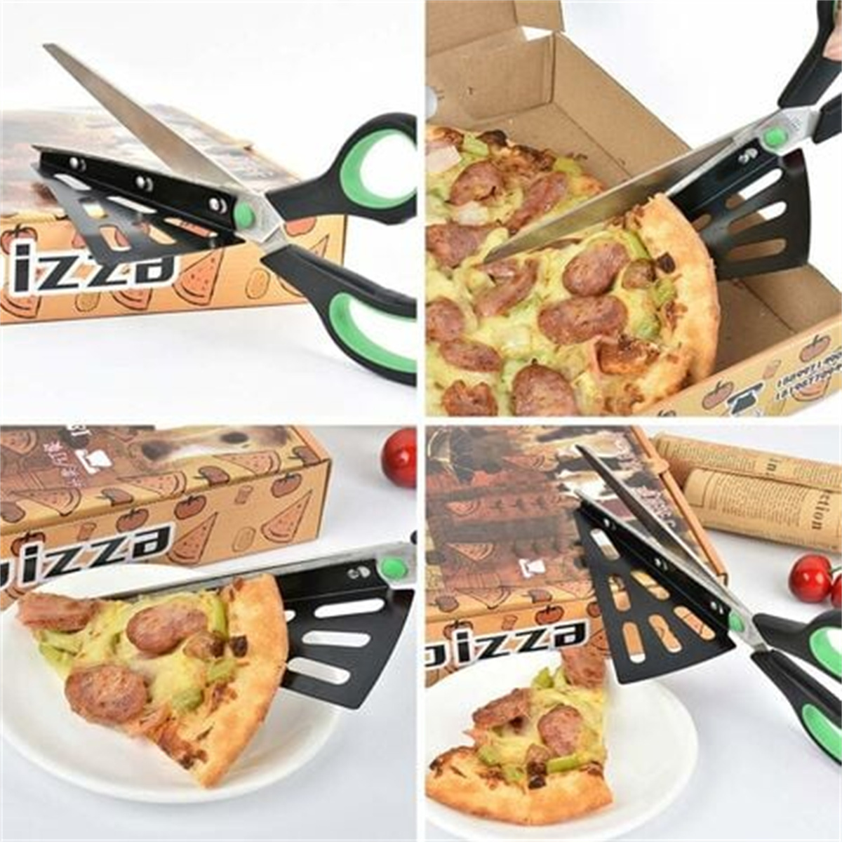 Pizzascheren mit Pizzastück und -box. Die Schere hat grüne Griffe, die Pizza Beläge.