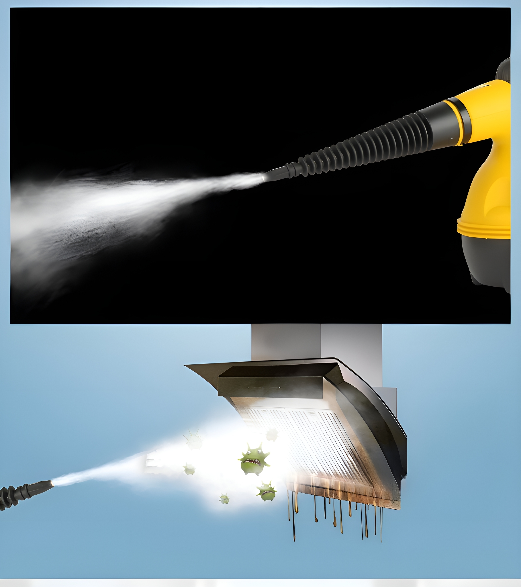 Ein Dampfreiniger sprüht Dampf, reinigt eine Dunstabzugshaube und entfernt Keime.