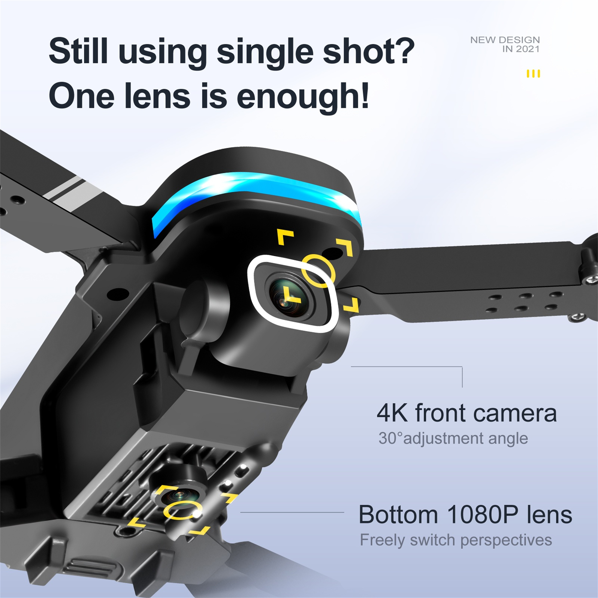 Eine schwarze Drohne mit Objektiv und Text. Sie hat eine 4K-Frontkamera und ein 1080P-Objektiv.