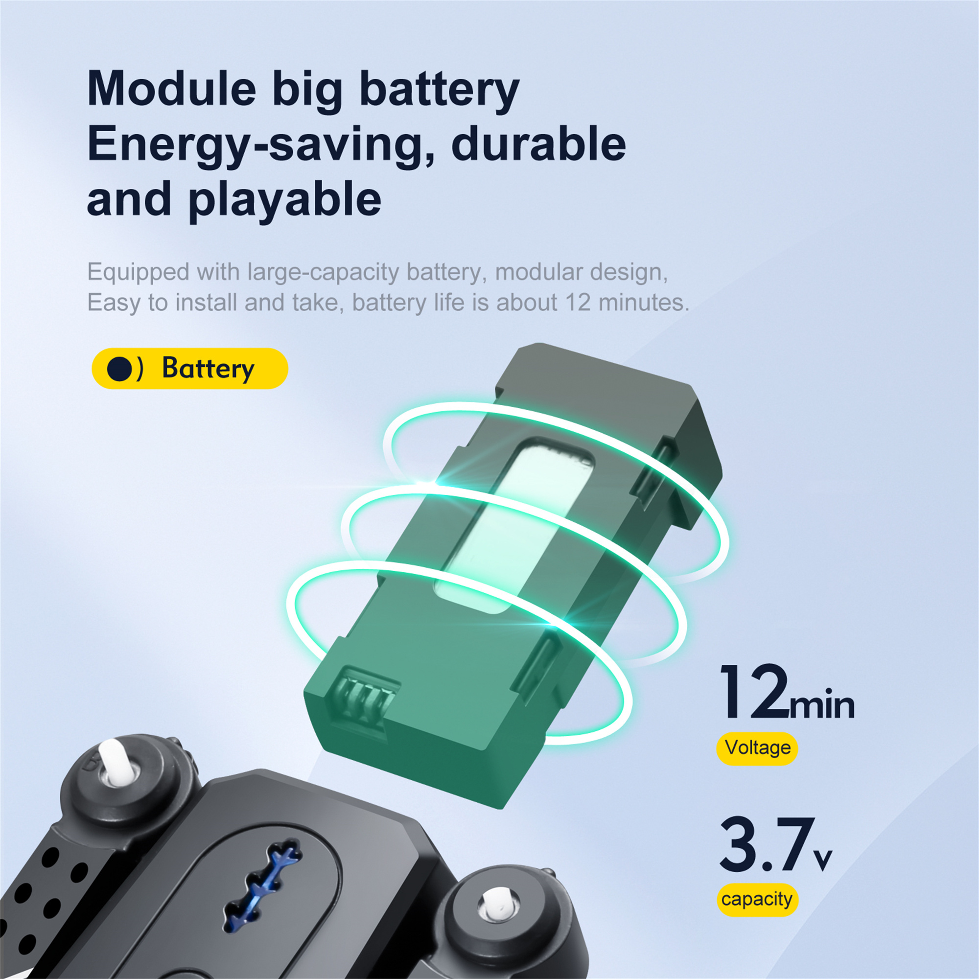 Batteriegrafik mit Text: Modul, energiesparend, langlebig, spielbar. Weißer Hintergrund.