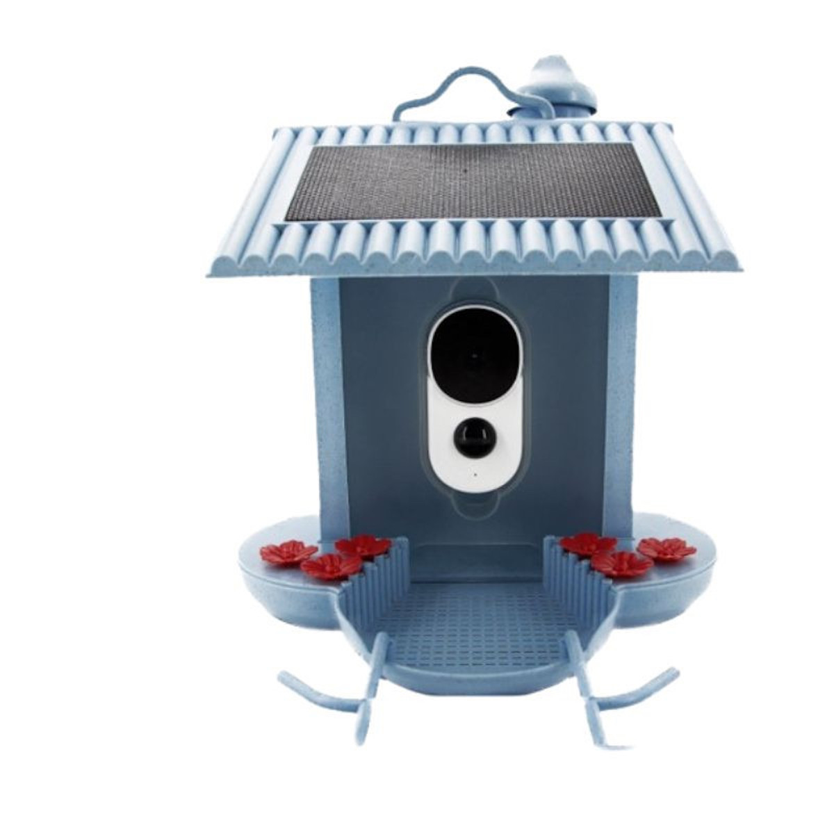 Blauer Vogelfutterautomat mit Solarpanel-Dach und Kamera.
