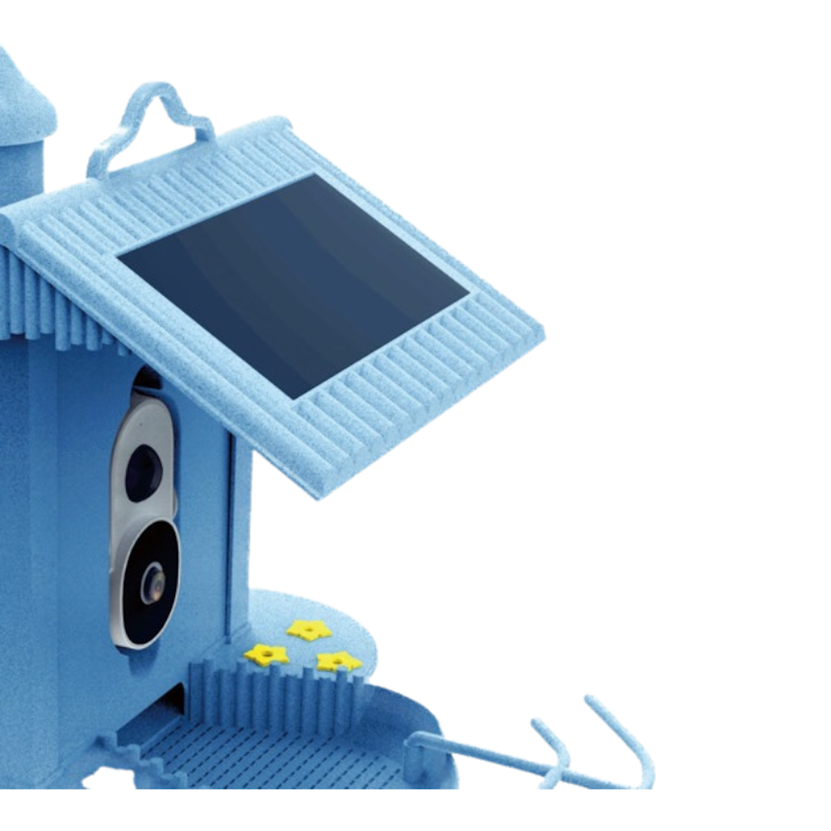 Ein blaues Vogelhaus mit Solarpanel oben und einer Kameralinse. Es hat gelbe Stern-Dekorationen.