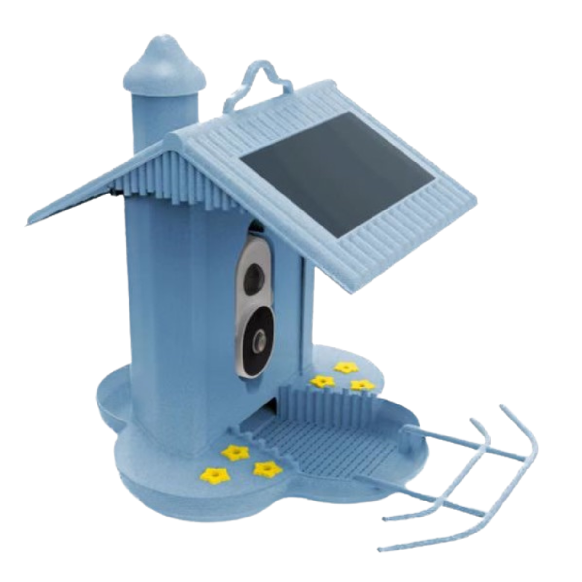 Blaues Vogelhaus mit Solarpanel oben und gelben Akzenten.