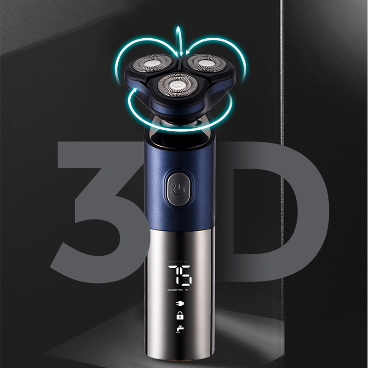 Elektrorasierer in futuristischem Design. Grau und blaue Farben. Dunkler Hintergrund.