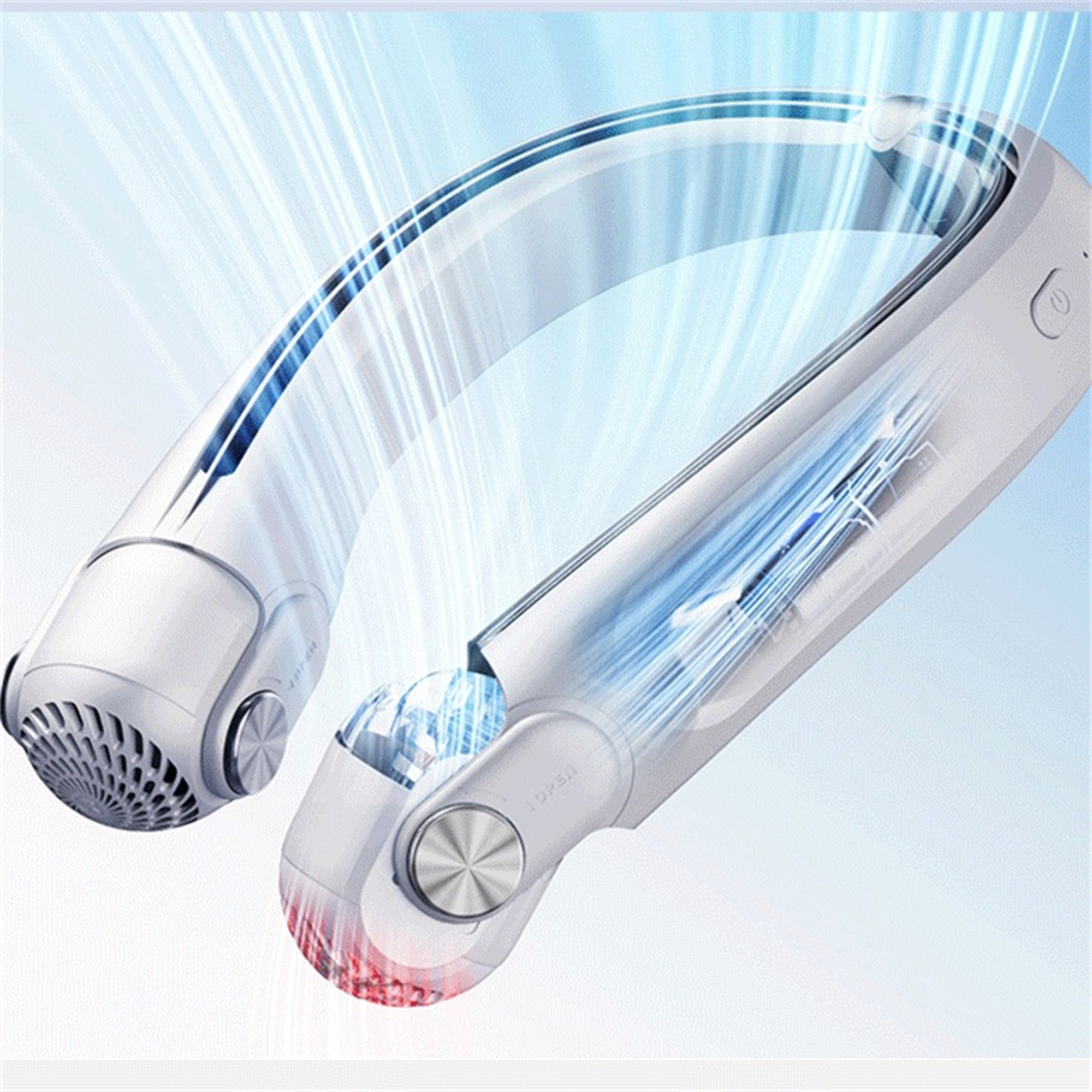 Ein weißer Nackenventilator. Er ist gebogen mit blauen Lichtern. Der Hintergrund ist blau.