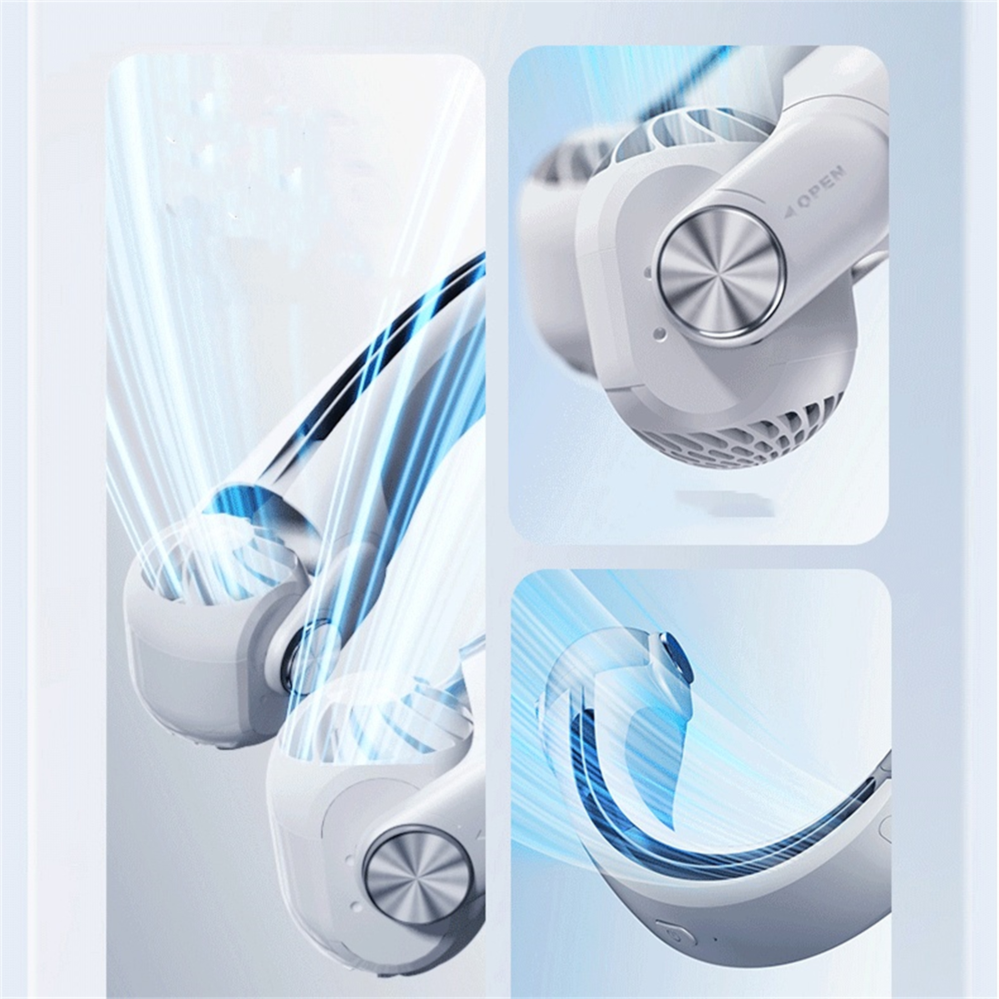 Ein weißer Nackenventilator, der blaue Luft bläst. Es gibt drei Panels, die das Design und die Funktion zeigen.