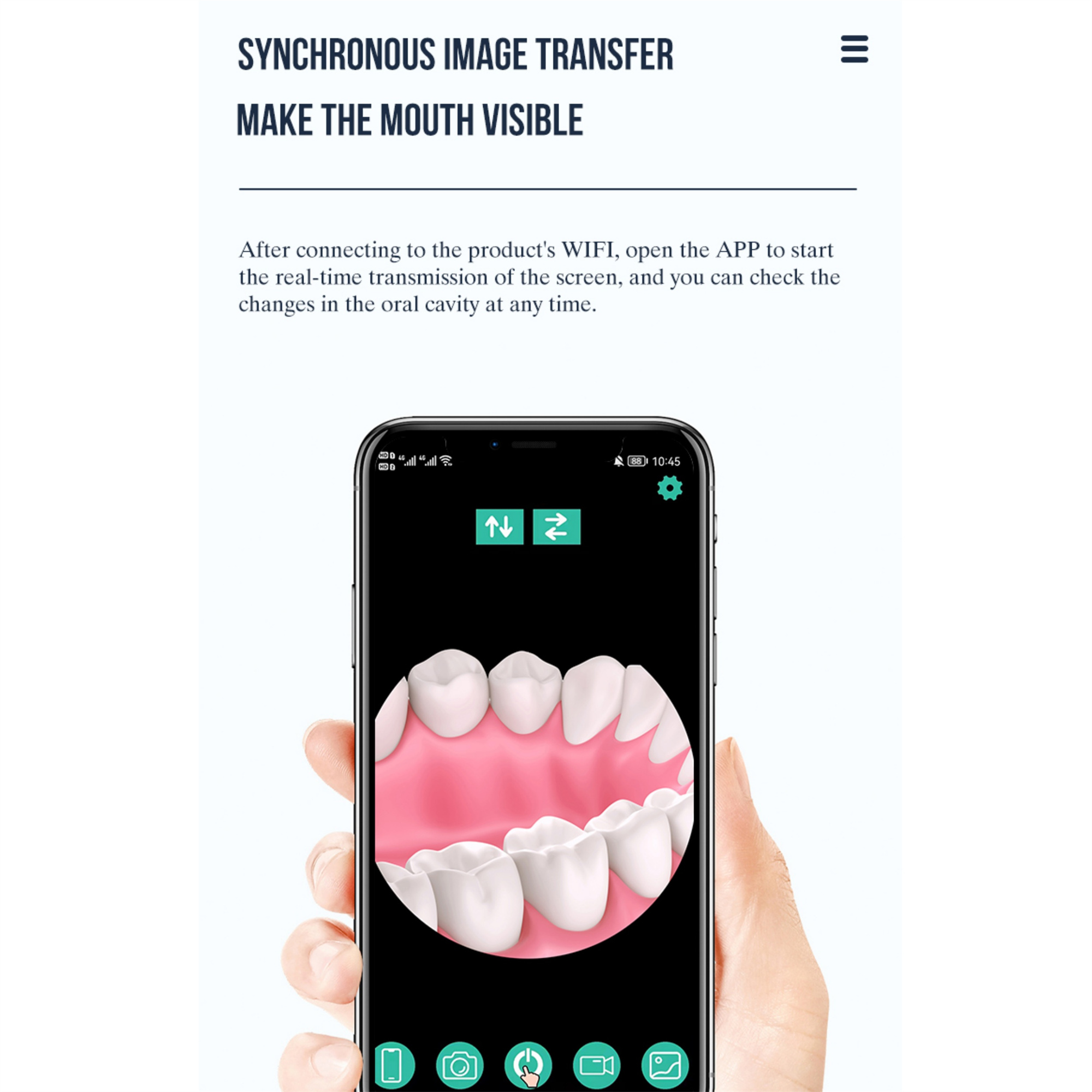 Ein Smartphone zeigt das Innere eines Mundes. Das Telefon wird von einer Hand gehalten. Text: Synchrone Bildübertragung.