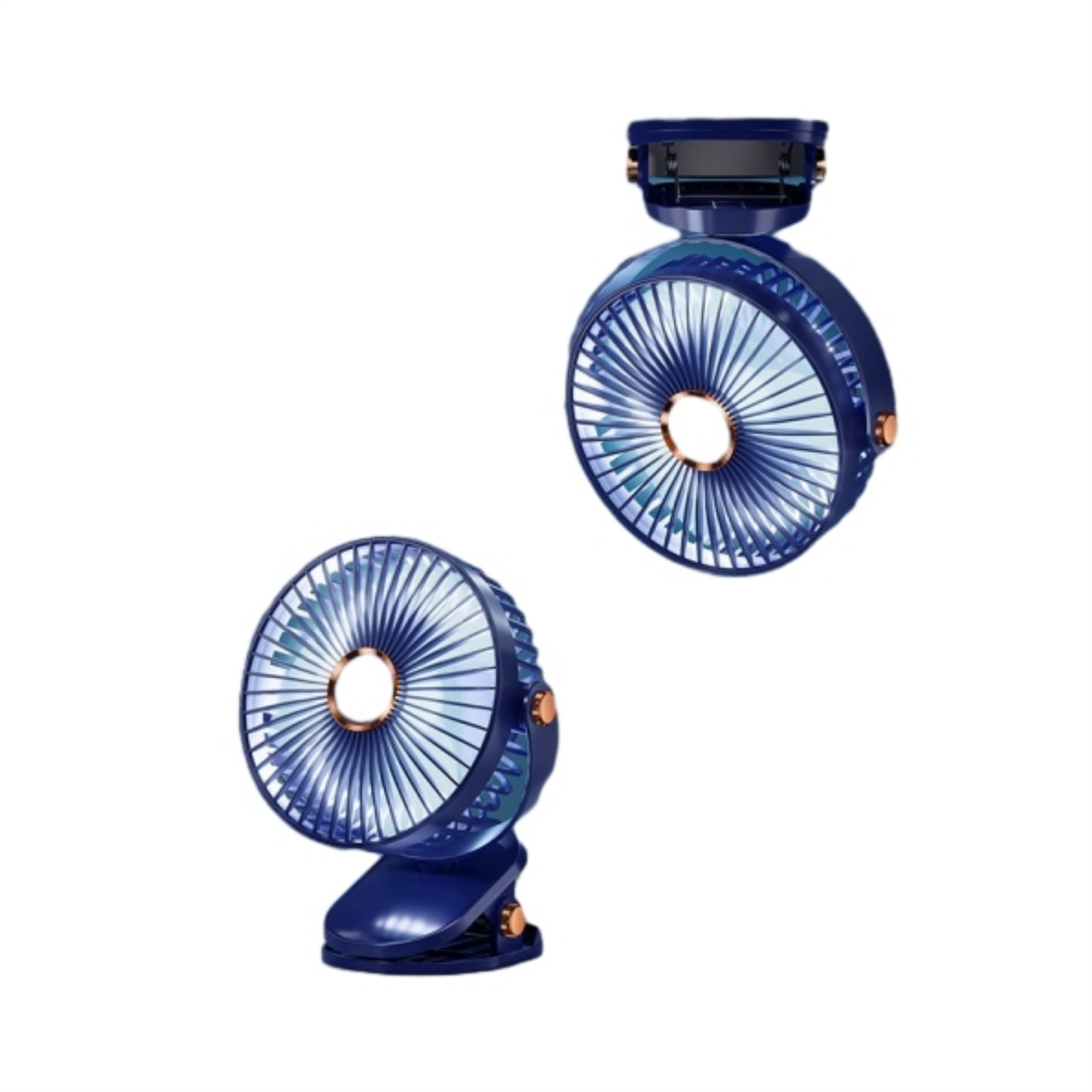 Zwei blaue Ventilatoren mit kreisförmigem Design, einer geklemmt.