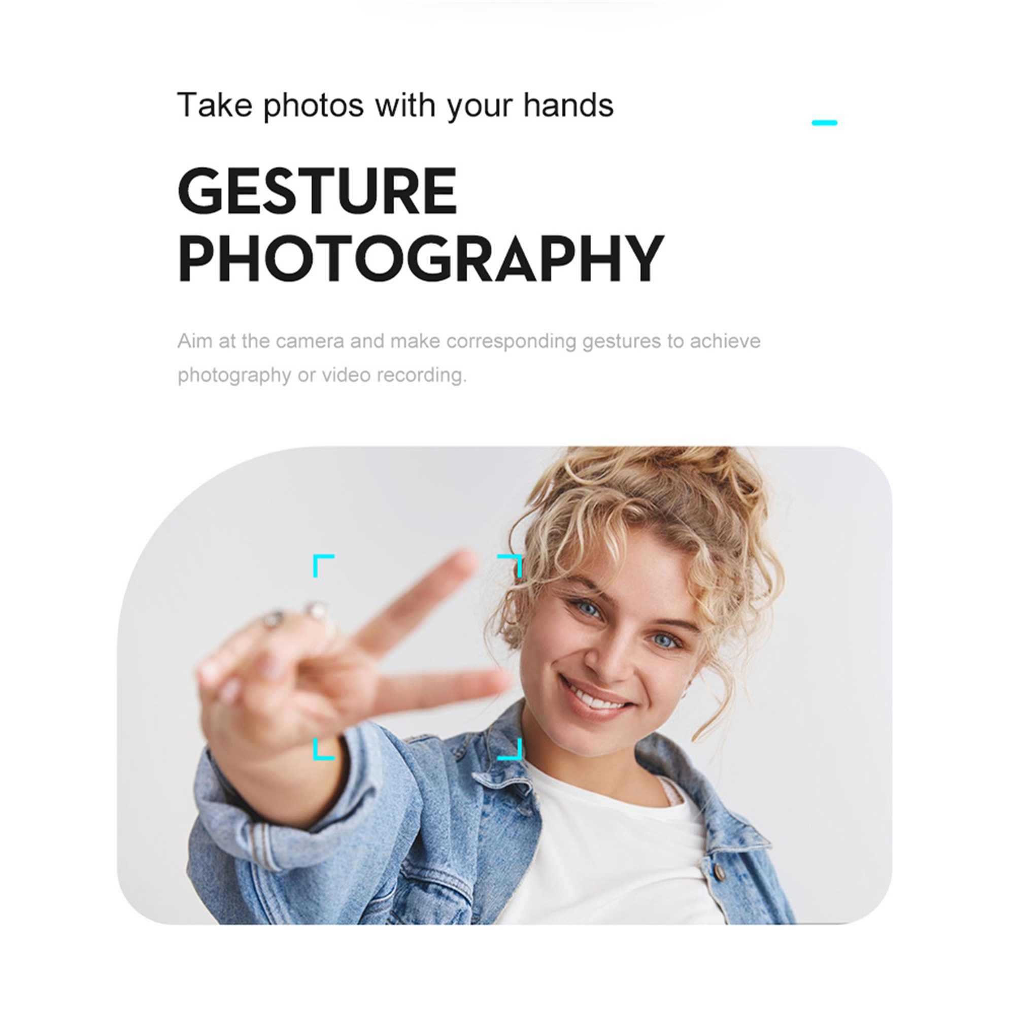 Frau lächelt und macht Friedenszeichen, mit Text über Gestenfotografie.