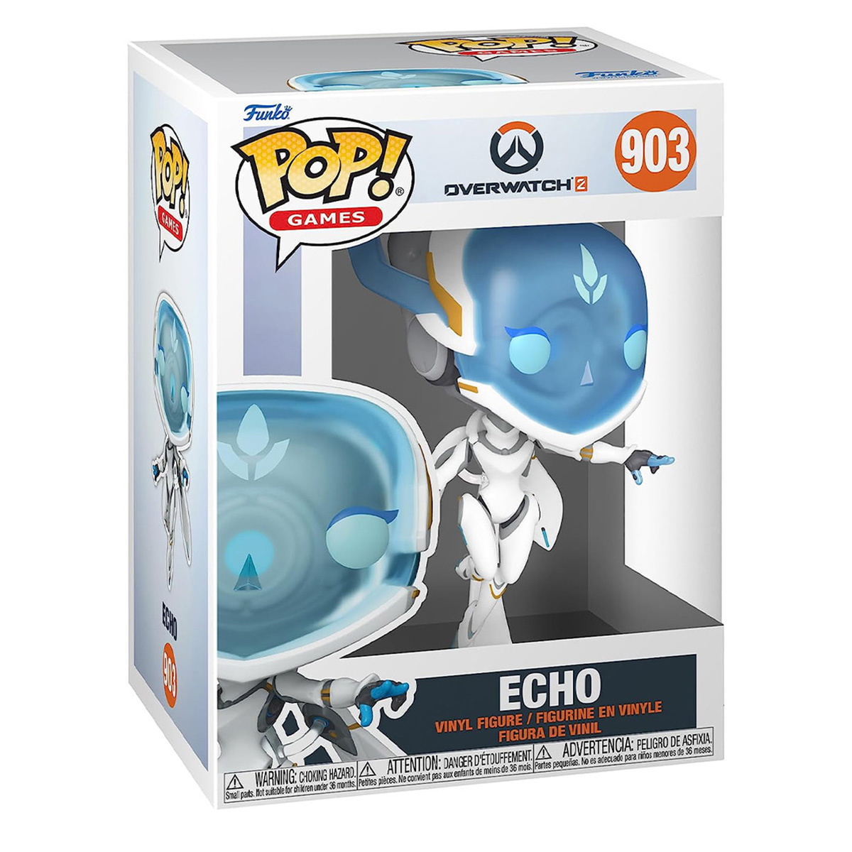 Een Funko Pop-figuur van Echo uit Overwatch 2 in een transparante doos, wit en blauw.