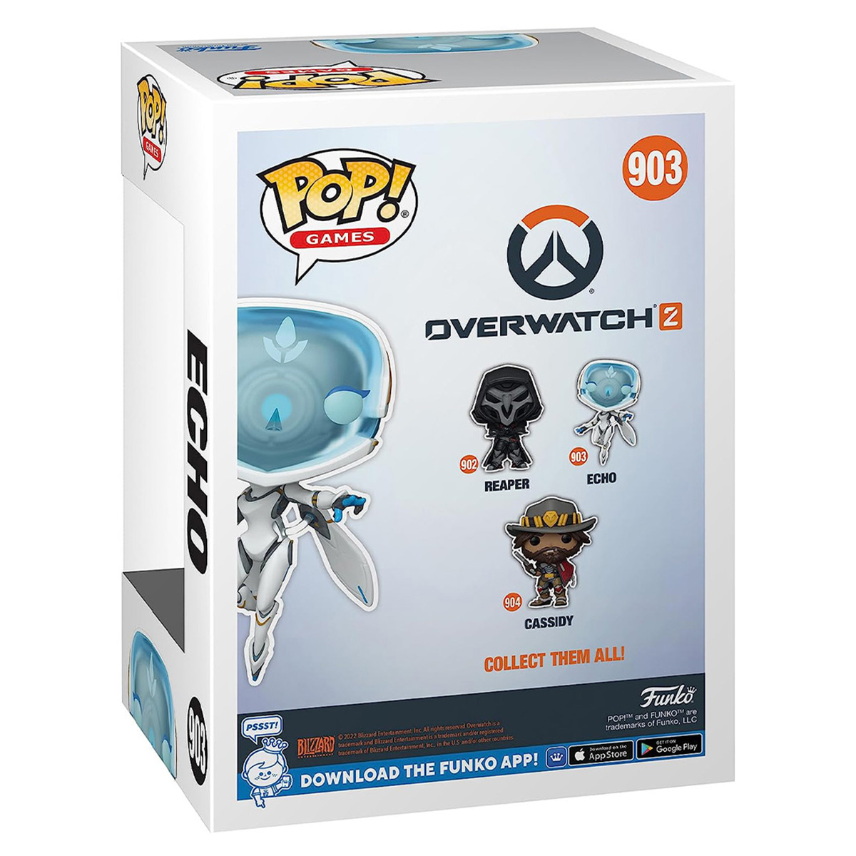 Een POP! Games-doos met Overwatch 2-personages: Reaper, Echo, Cassidy.