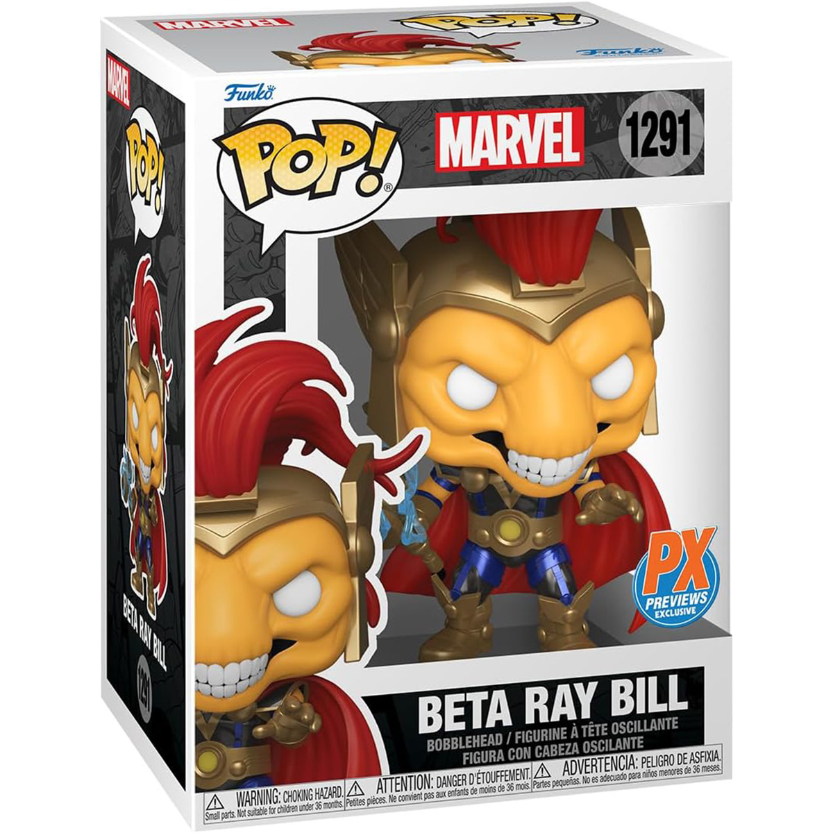 Figura de Beta Ray Bill Funko Pop en caja. El héroe tiene capa roja.