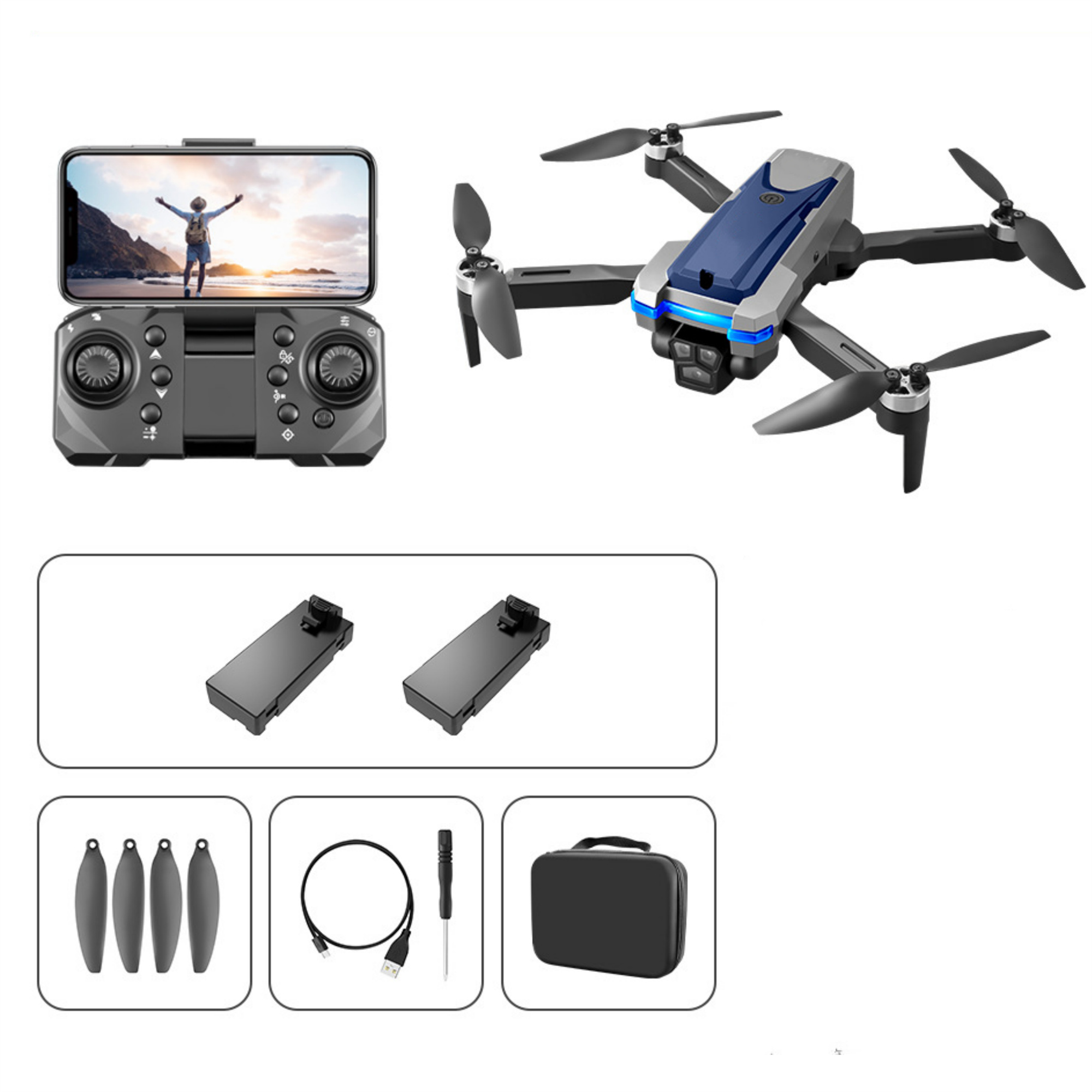 Drohne, Fernbedienung, Batterien, Ersatzklingen, Kabel und Koffer. Drohne ist grau und blau.