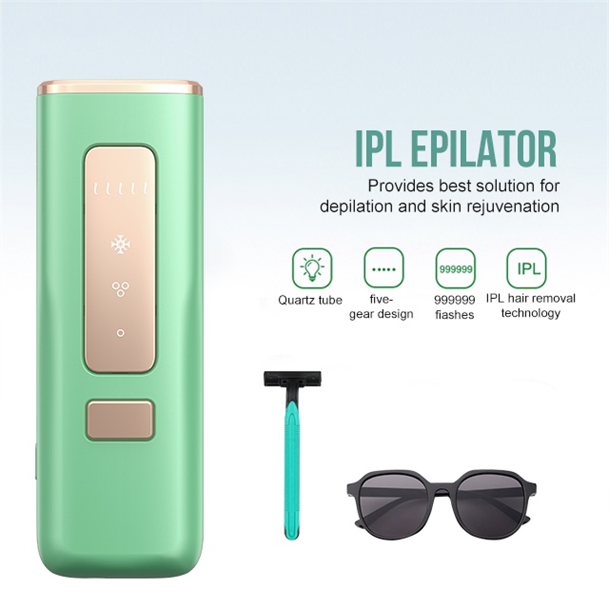 Grüner IPL-Epilierer mit Brille und Rasierer. Text: IPL-Epilierer, bietet die beste Lösung für Haarentfernung, Hautverjüngung.