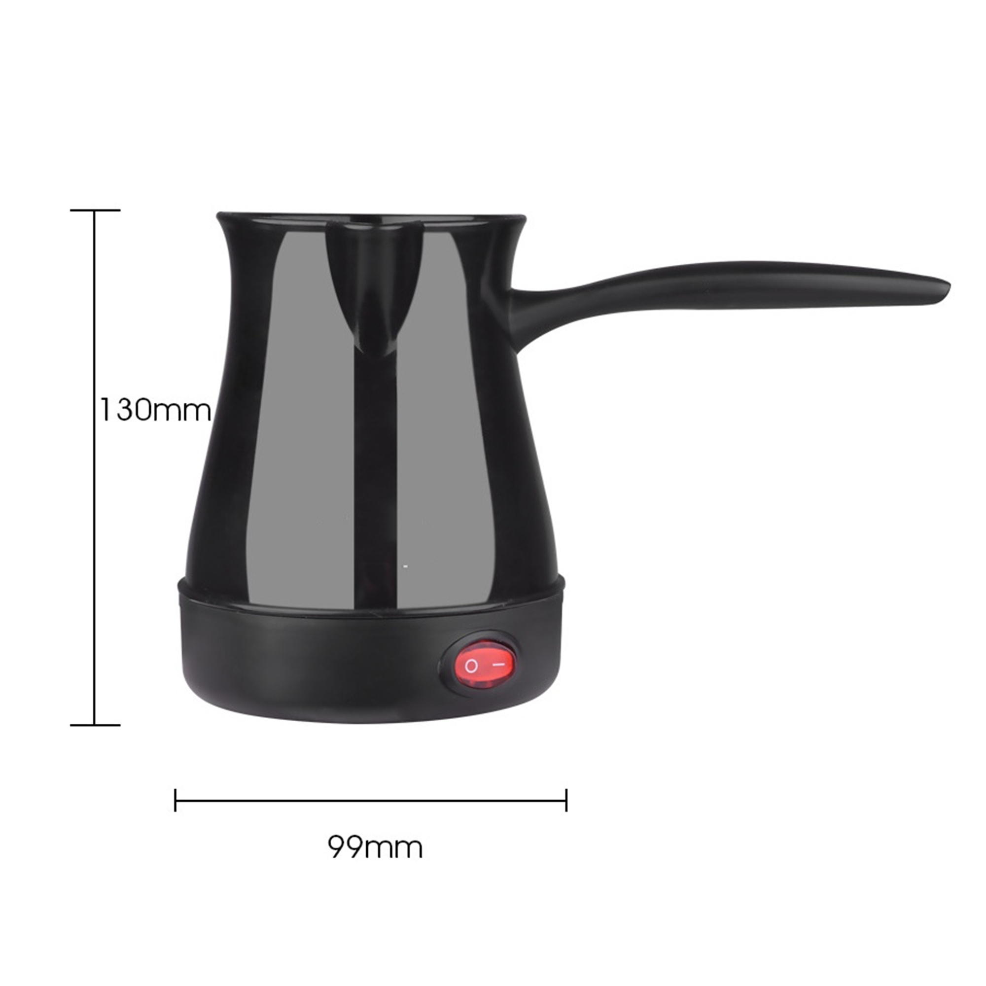 Ein schwarzer elektrischer Kaffeekocher mit Griff und Ein/Aus-Schalter, Maße in mm angegeben.